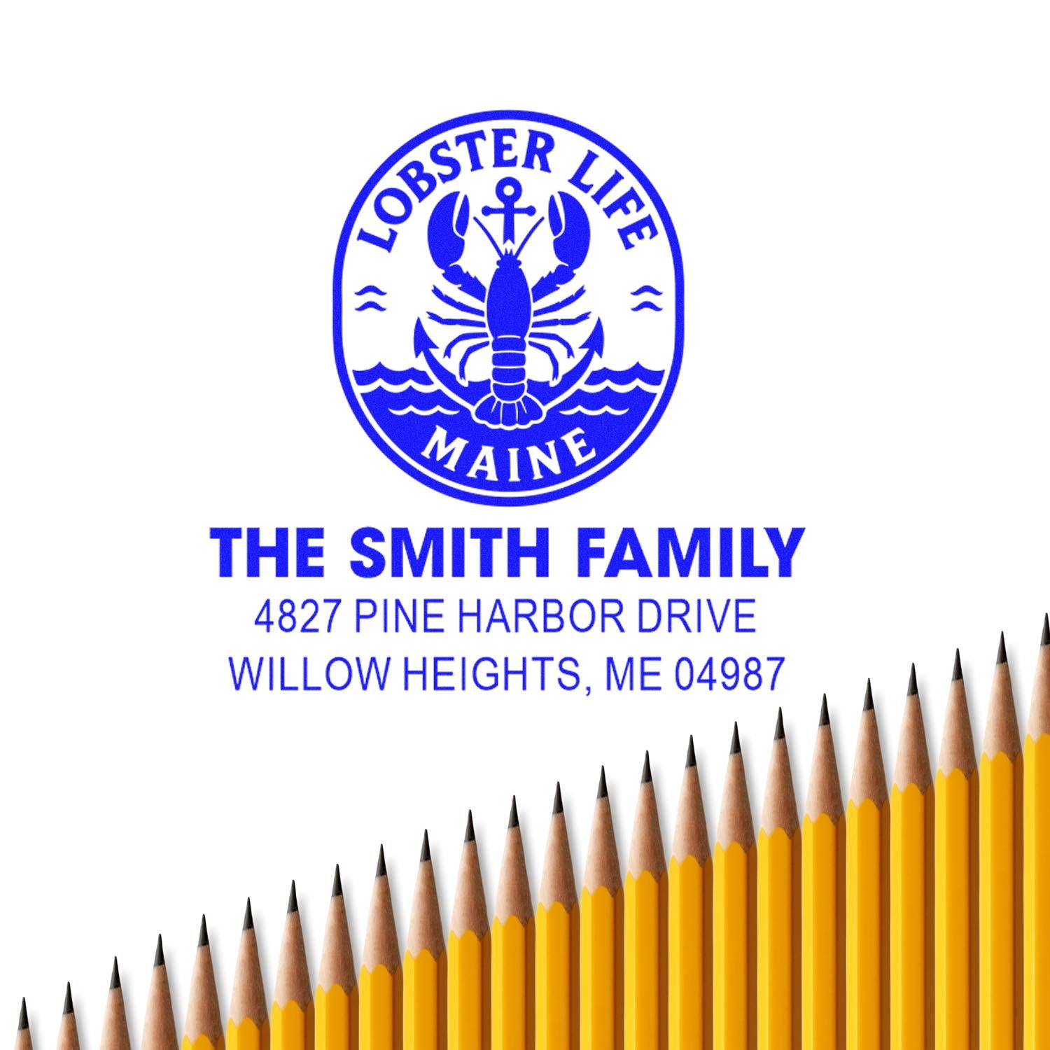 Personalized Lobster Life return address rubber stamp for The Smith Family in Willow Heights, Maine.