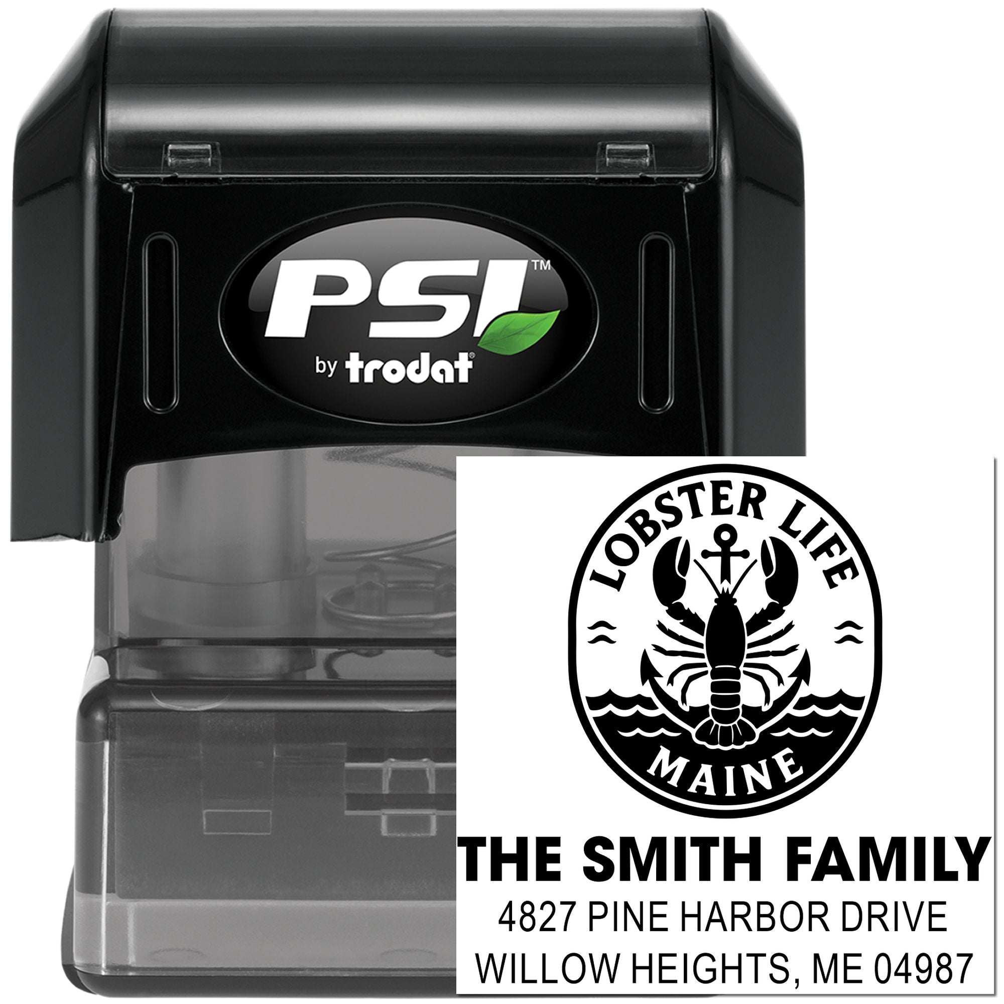 PSI by Trodat custom self-inking rubber stamp with Lobster Life Maine return address for The Smith Family.