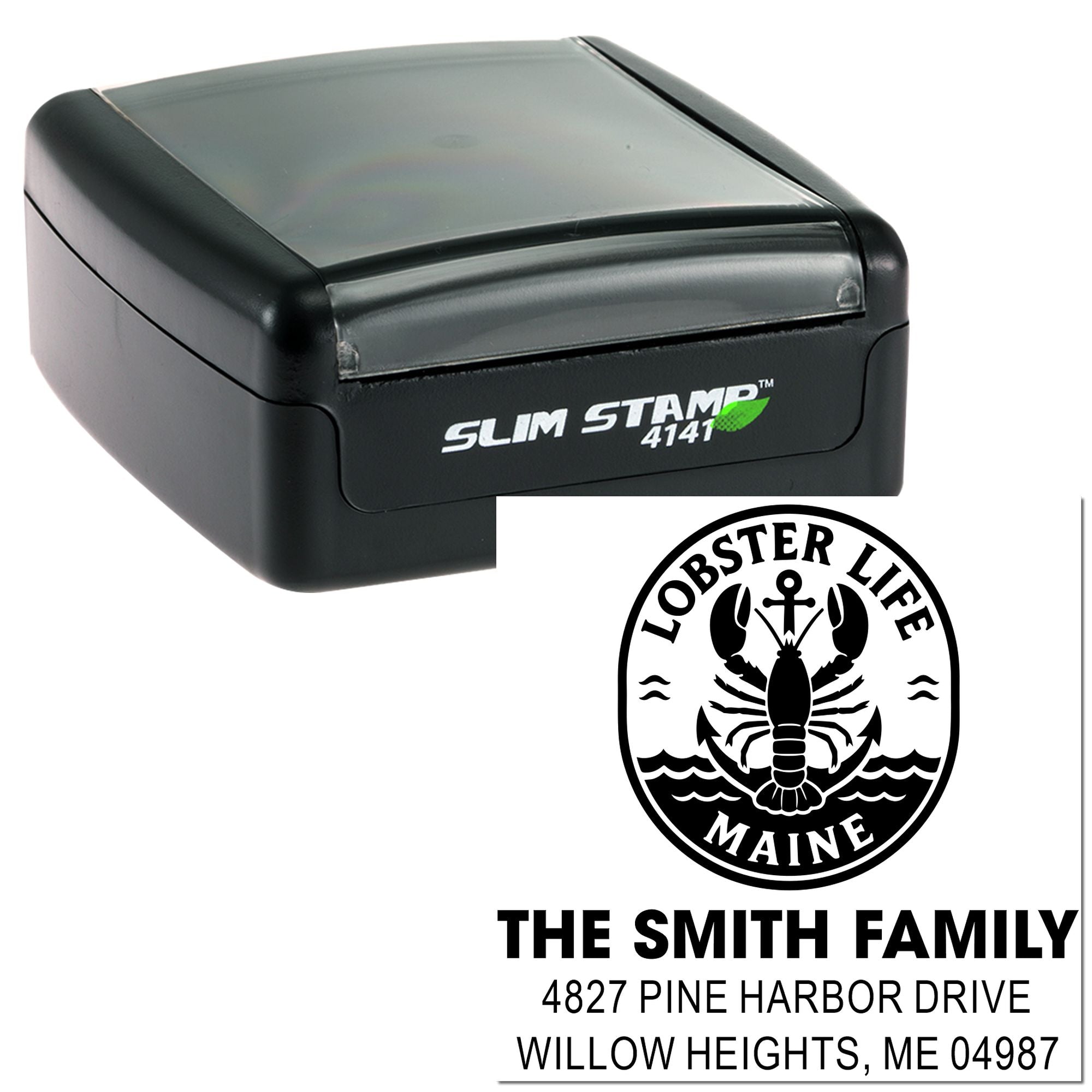 Slim Stamp self-inking custom rubber address stamp with Maine lobster logo for The Smith Family.