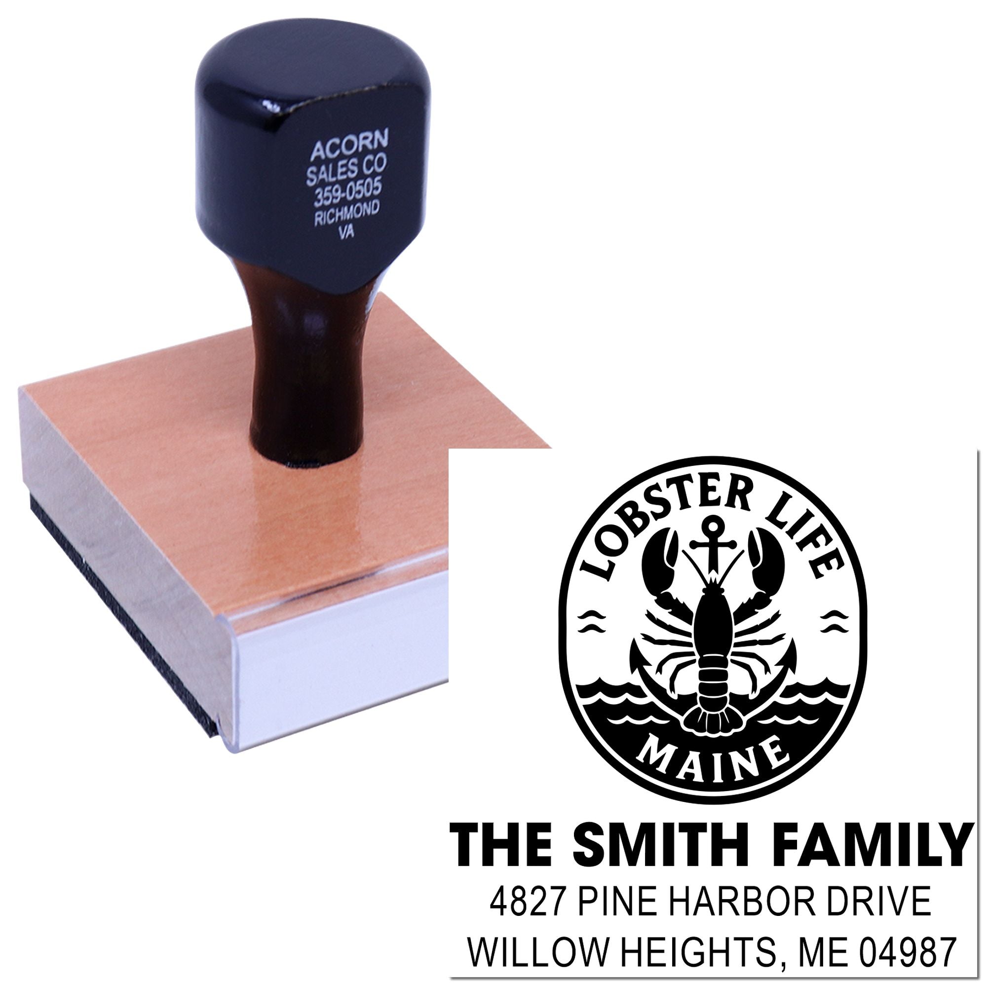 Custom rubber address stamp with Lobster Life Maine design for personalized family return addresses and mailing labels.