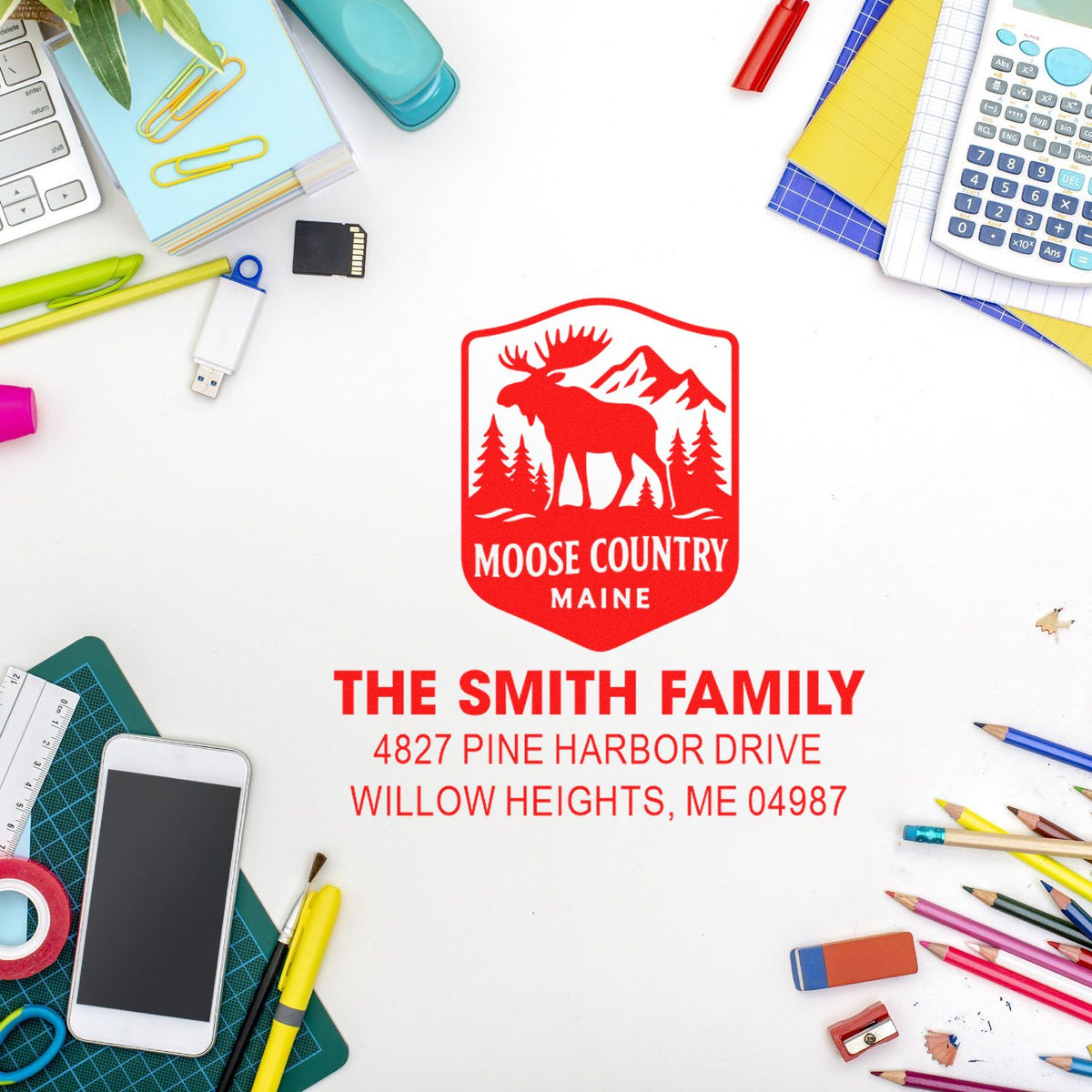 Personalized rubber stamp with moose logo and The Smith Family address, Willow Heights, ME 04987