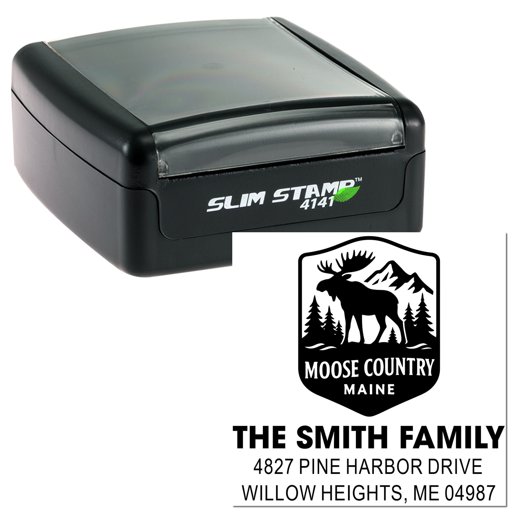 Custom Moose Country Maine address rubber stamp for The Smith Family, featuring name and return address in a slim self-inking stamp.