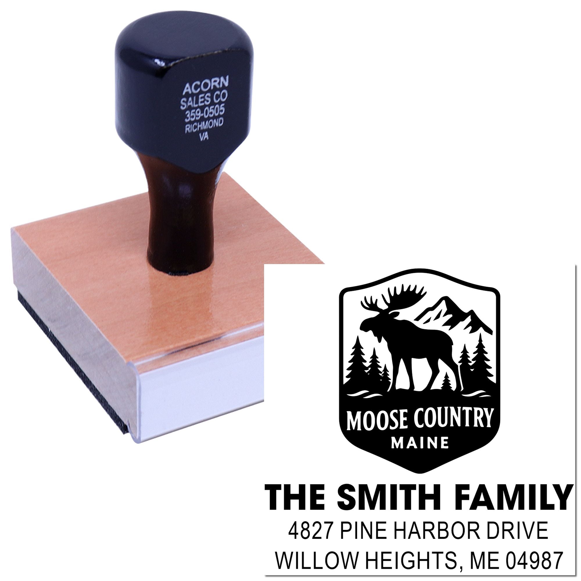 Custom rubber address stamp with Moose Country Maine design and Smith Family return address for mailing and branding.