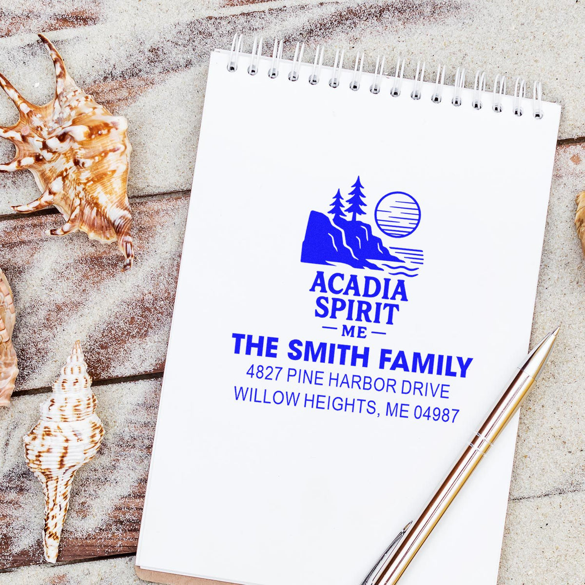 Custom family address rubber stamp with Acadia Spirit logo, personalized for The Smith Family in Maine.