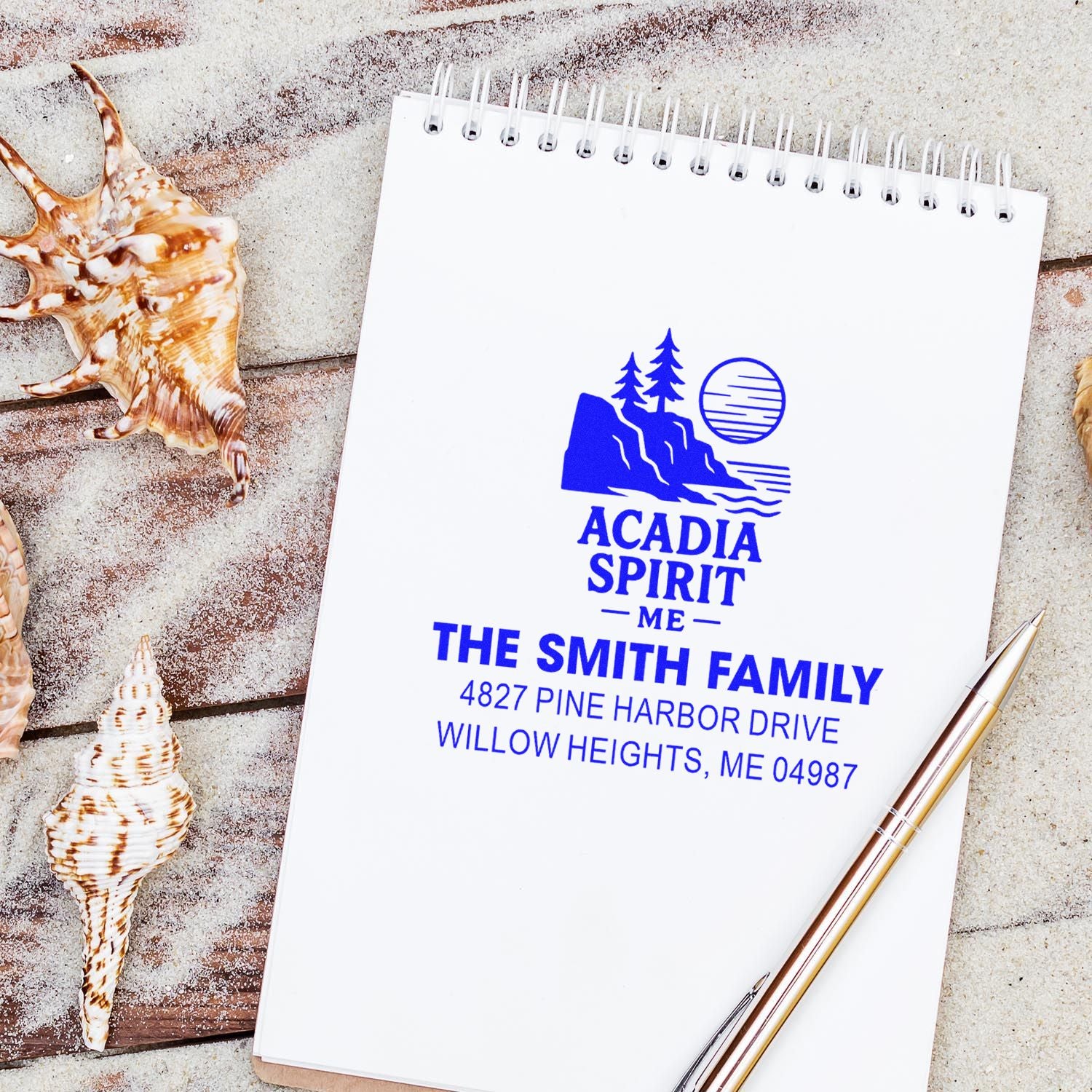 Custom rubber address stamp with Acadia Spirit Maine logo for The Smith Family, featuring name and return address.