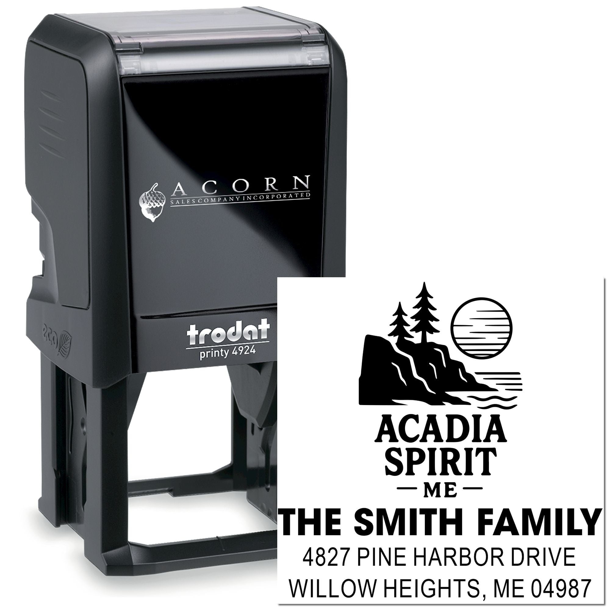 Custom self-inking rubber stamp with Acadia Spirit Me design, The Smith Family name, and return address for mailing.