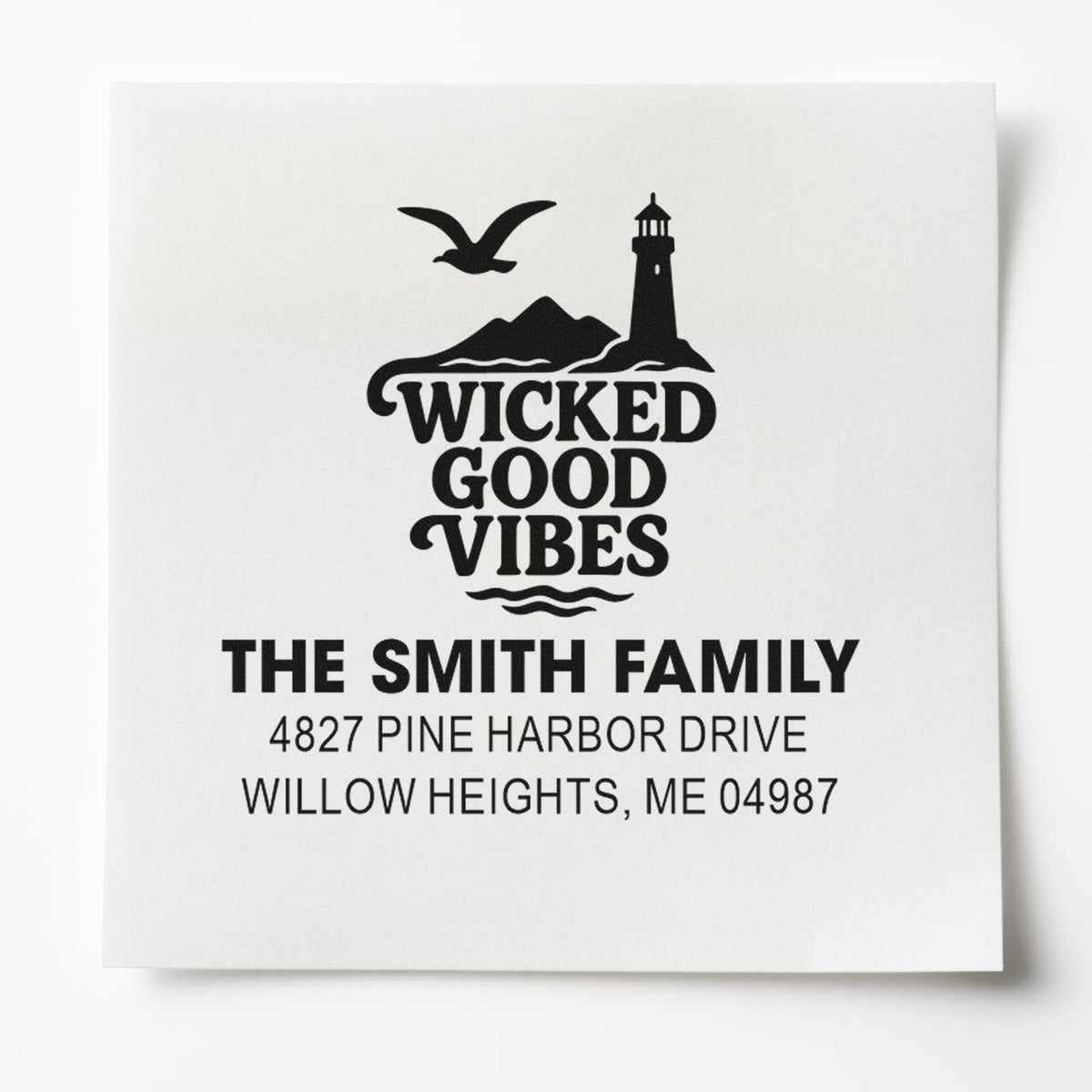 Custom family return address rubber stamp with lighthouse art, Wicked Good Vibes, and The Smith Family address.