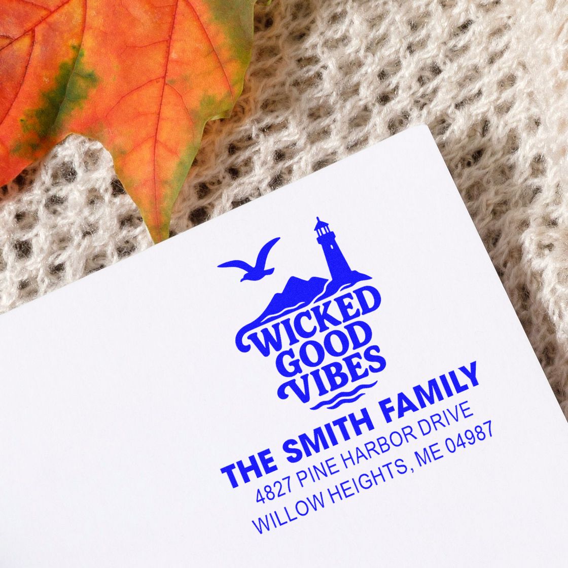Personalized rubber address stamp with Wicked Good Vibes lighthouse design for Smith family mail.
