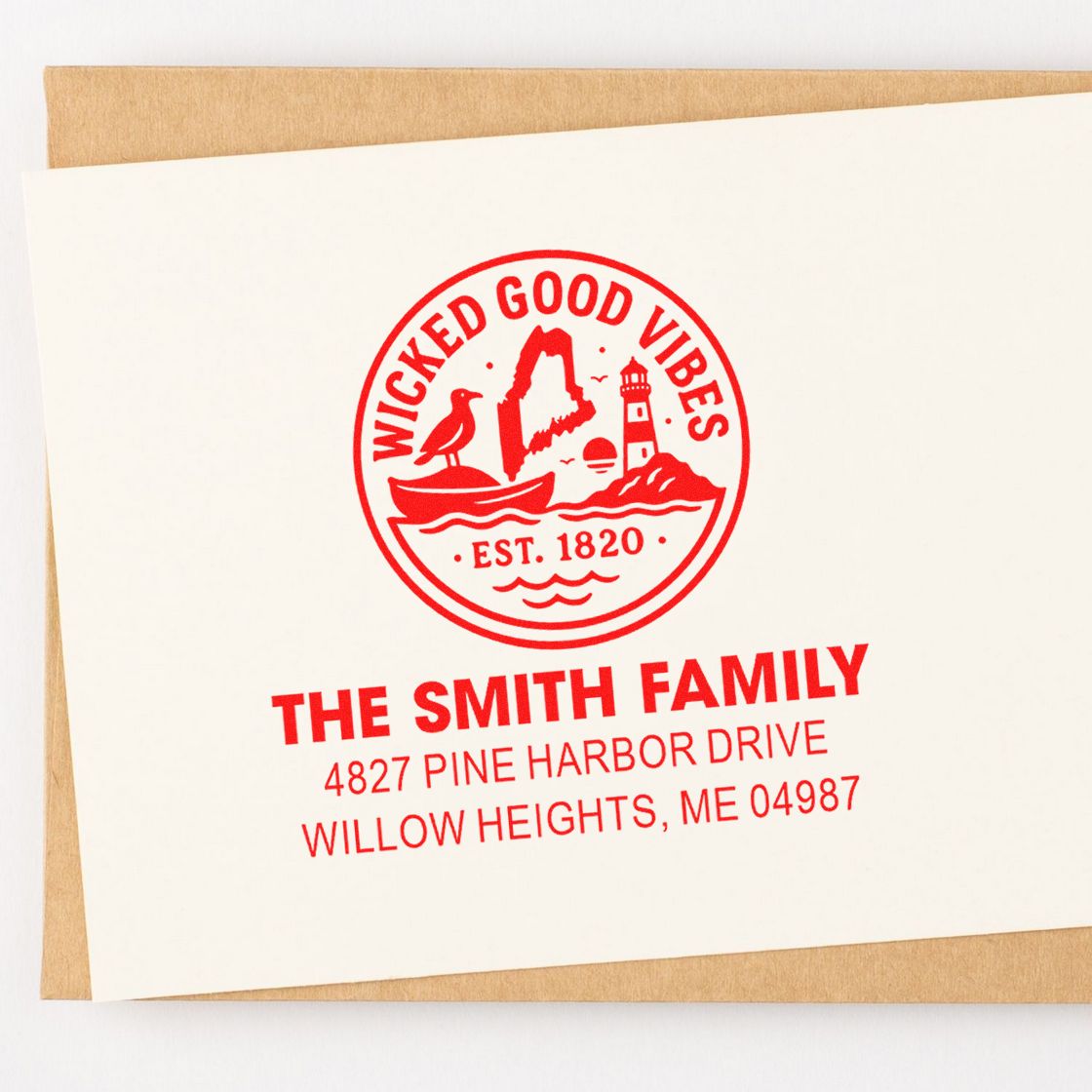 Custom coastal family address rubber stamp with lighthouse logo, Wicked Good Vibes and The Smith Family return address imprint.