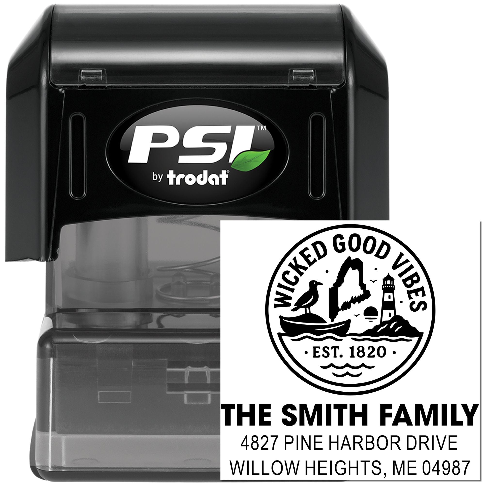 Custom self-inking return address rubber stamp by PSI Trodat with personalized coastal family design.