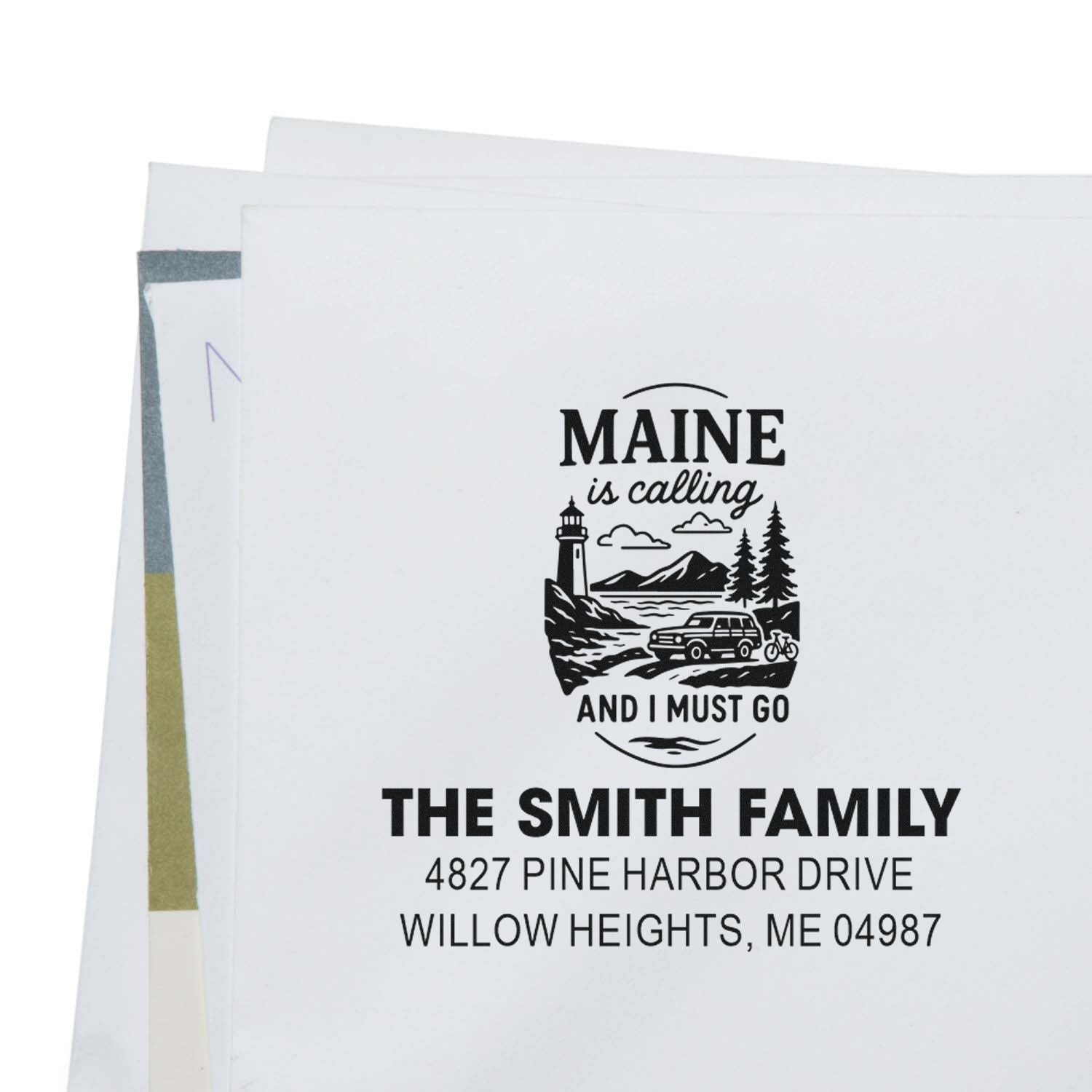 Custom return address rubber stamp with Maine travel design for The Smith Family, Willow Heights, ME.