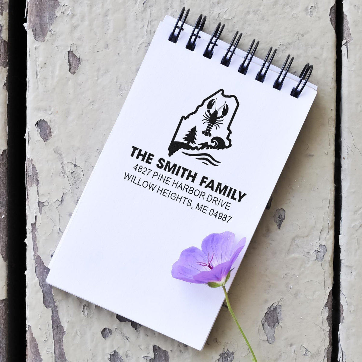 Custom The Smith Family address rubber stamp with Maine logo for personalized return address use.