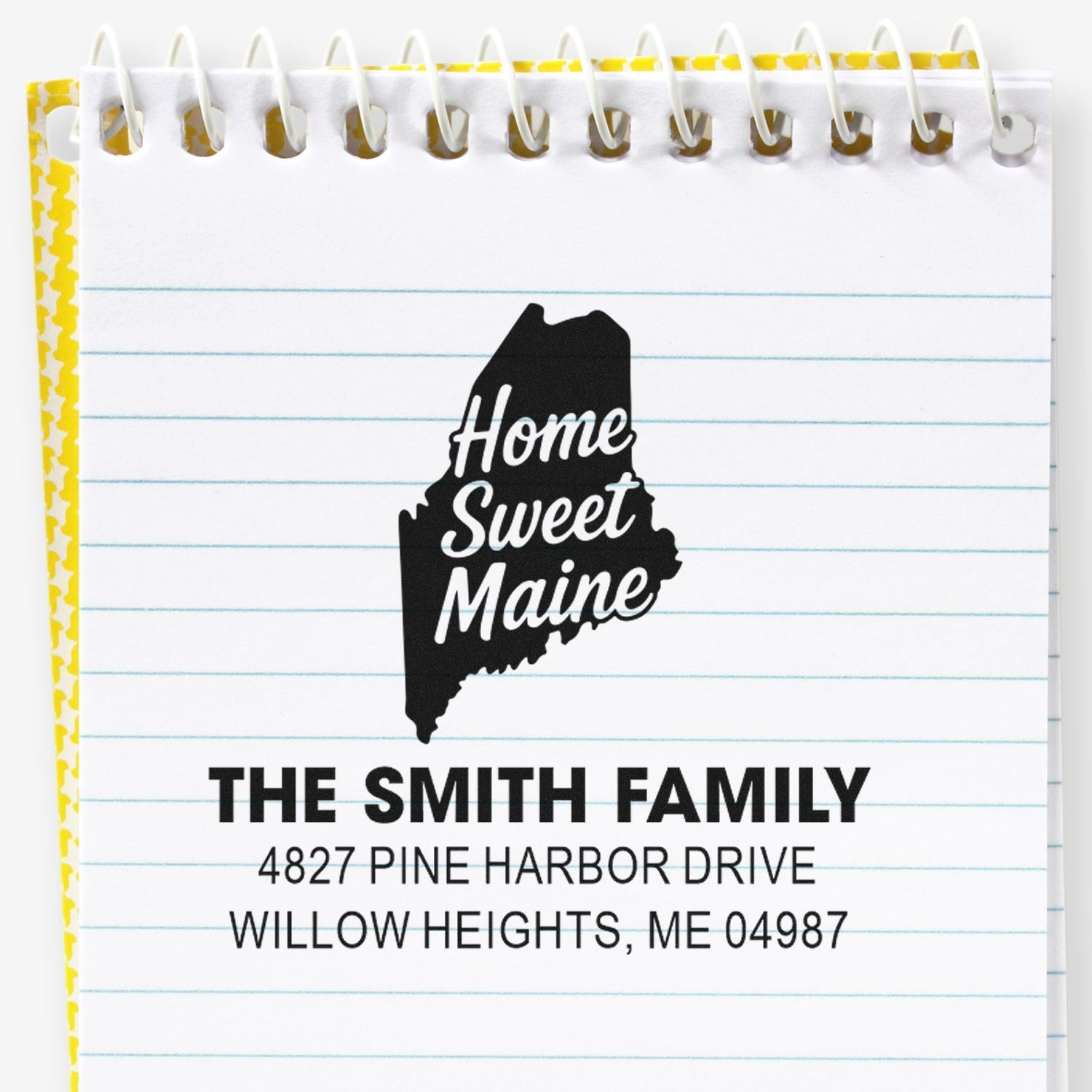 Custom Maine address rubber stamp with Home Sweet Maine design, Smith family name, and return address on a notepad.
