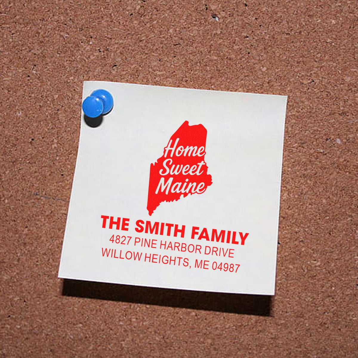 Personalized custom rubber return address stamp featuring Home Sweet Maine state design for The Smith Family in Maine.