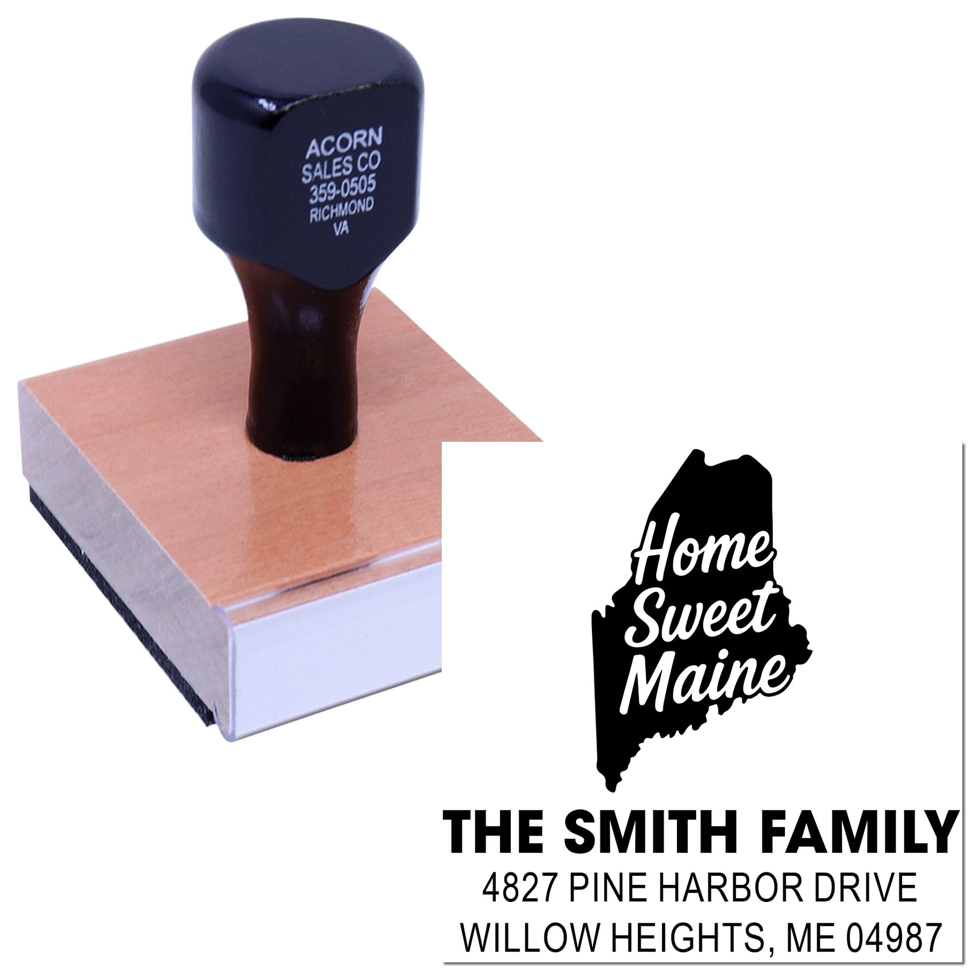 Custom address rubber stamp with Home Sweet Maine design for The Smith Family, featuring 4827 Pine Harbor Drive, Willow Heights, ME 04987.