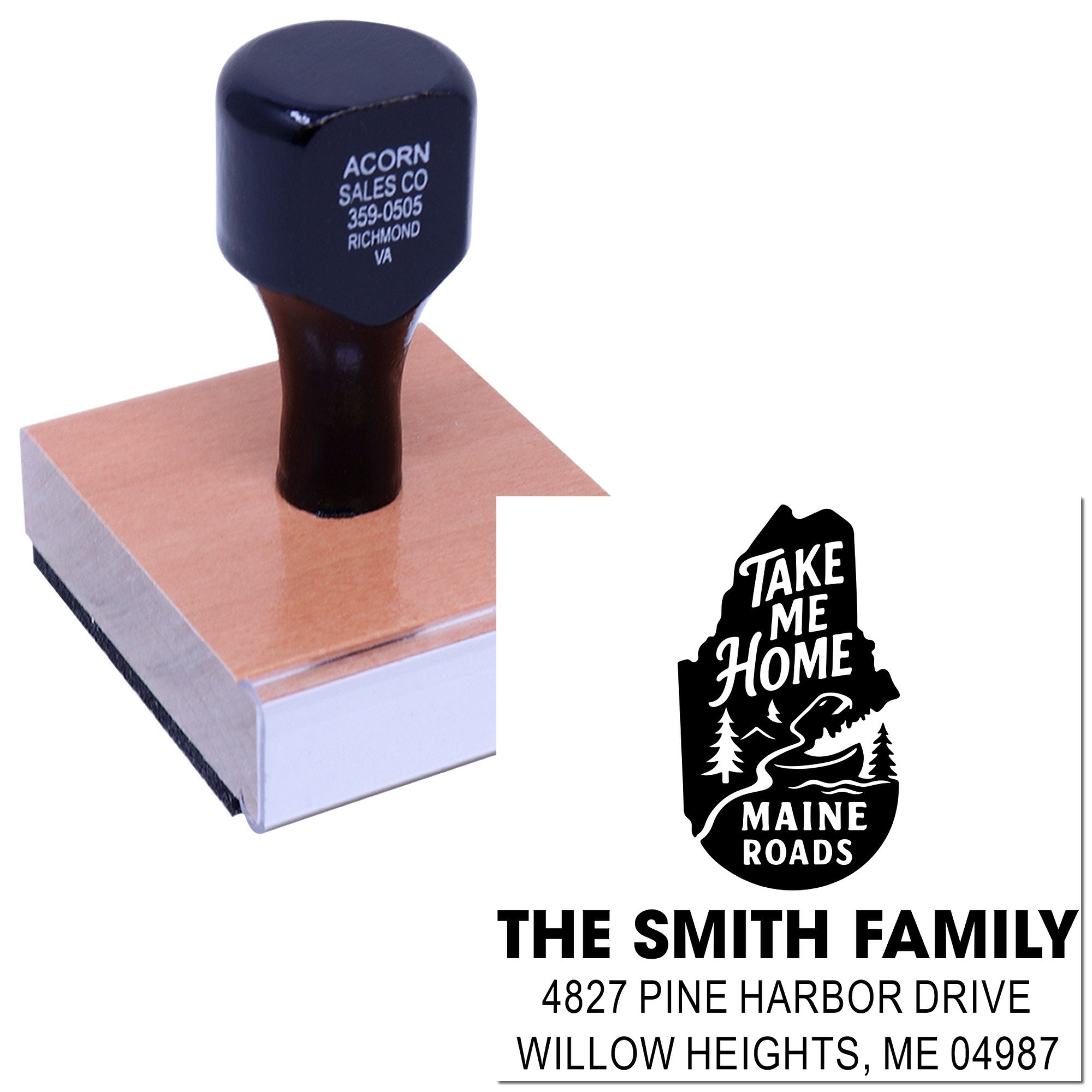 Custom Maine address rubber stamp with Take Me Home Maine Roads design for personalized mail, packaging, and crafts.