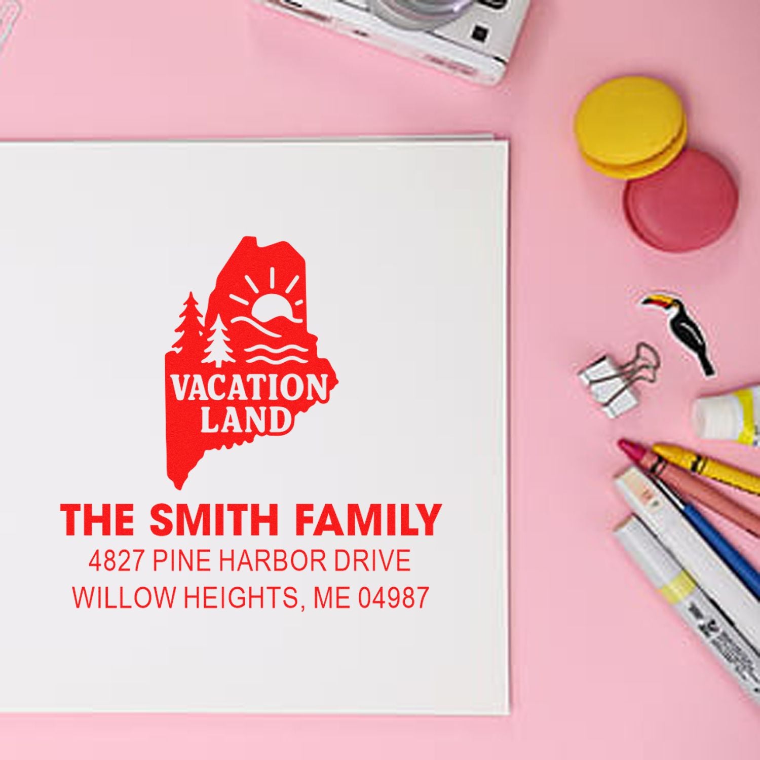 Personalized rubber stamp with Vacation Land design and Smith family return address for envelopes and mailings.