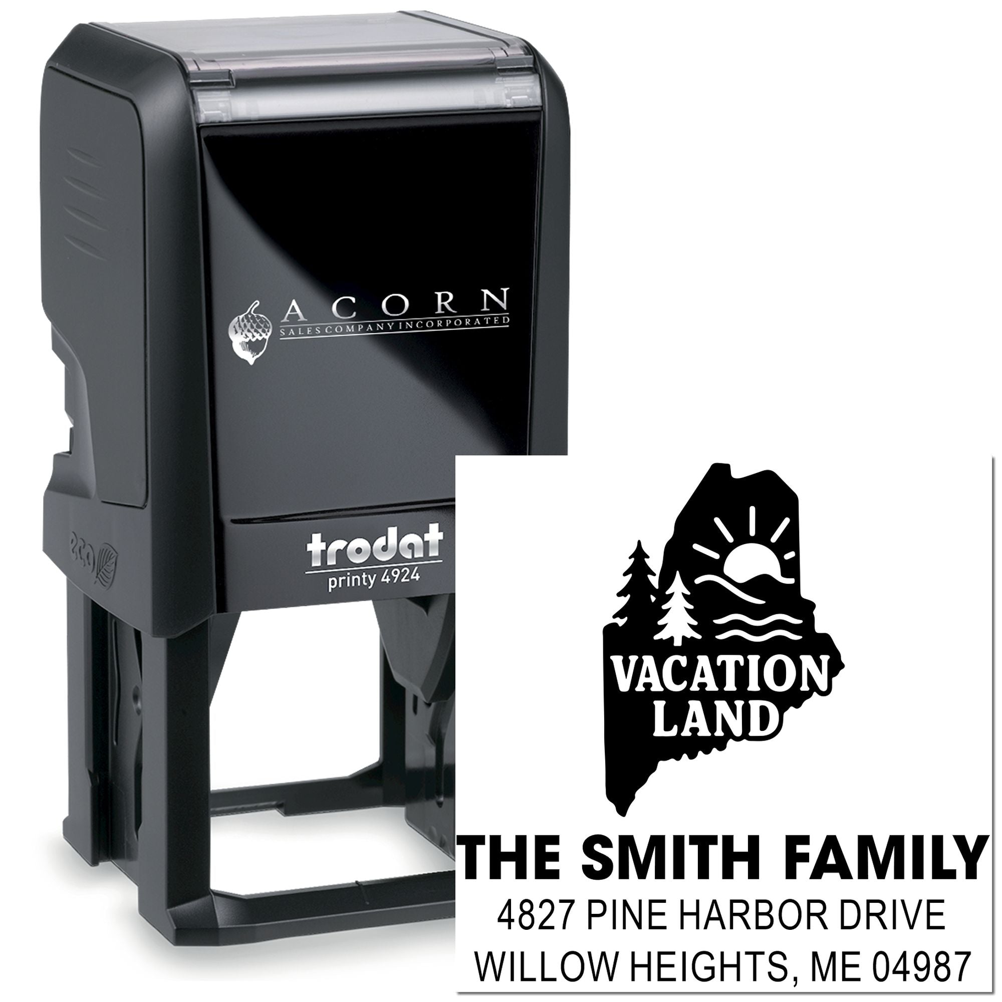 Custom self-inking rubber address stamp with Vacation Land Maine design for The Smith Family, personalized return address stamp.
