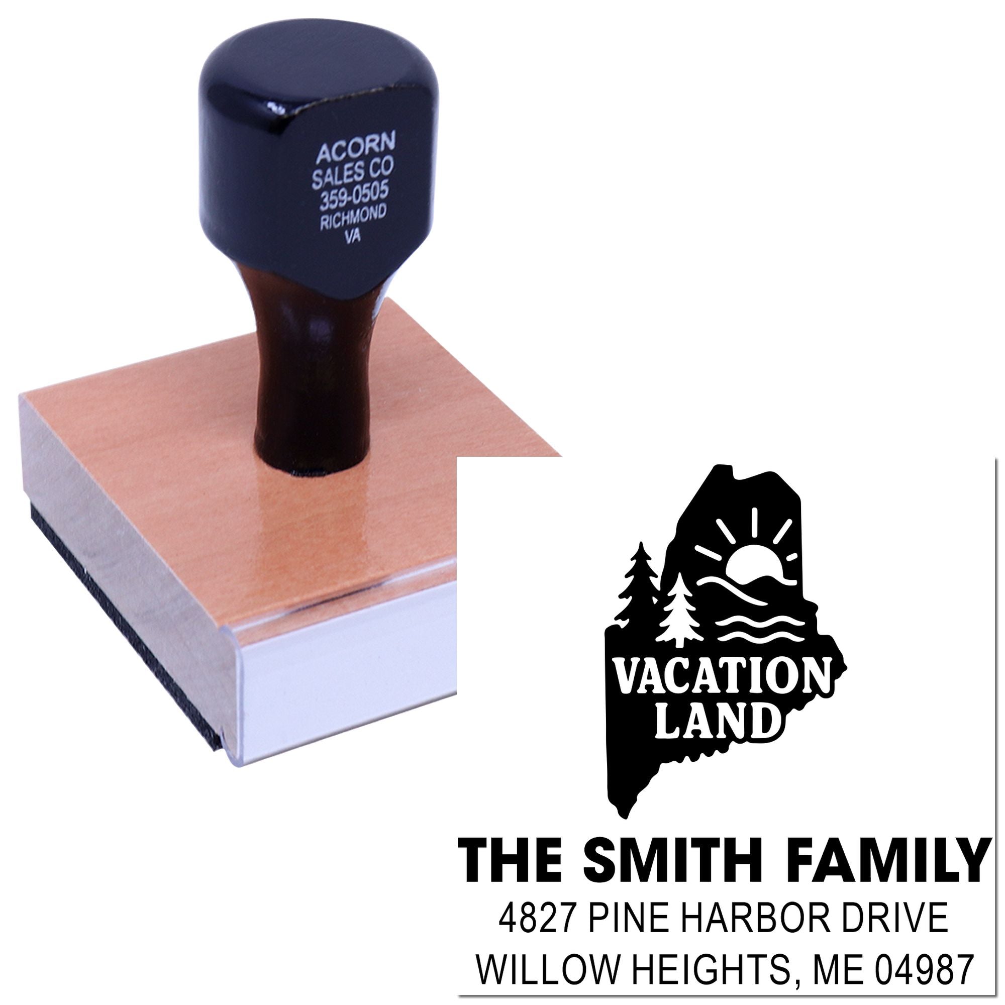 Custom self-inking rubber address stamp with Vacation Land Maine design and The Smith Family return address.