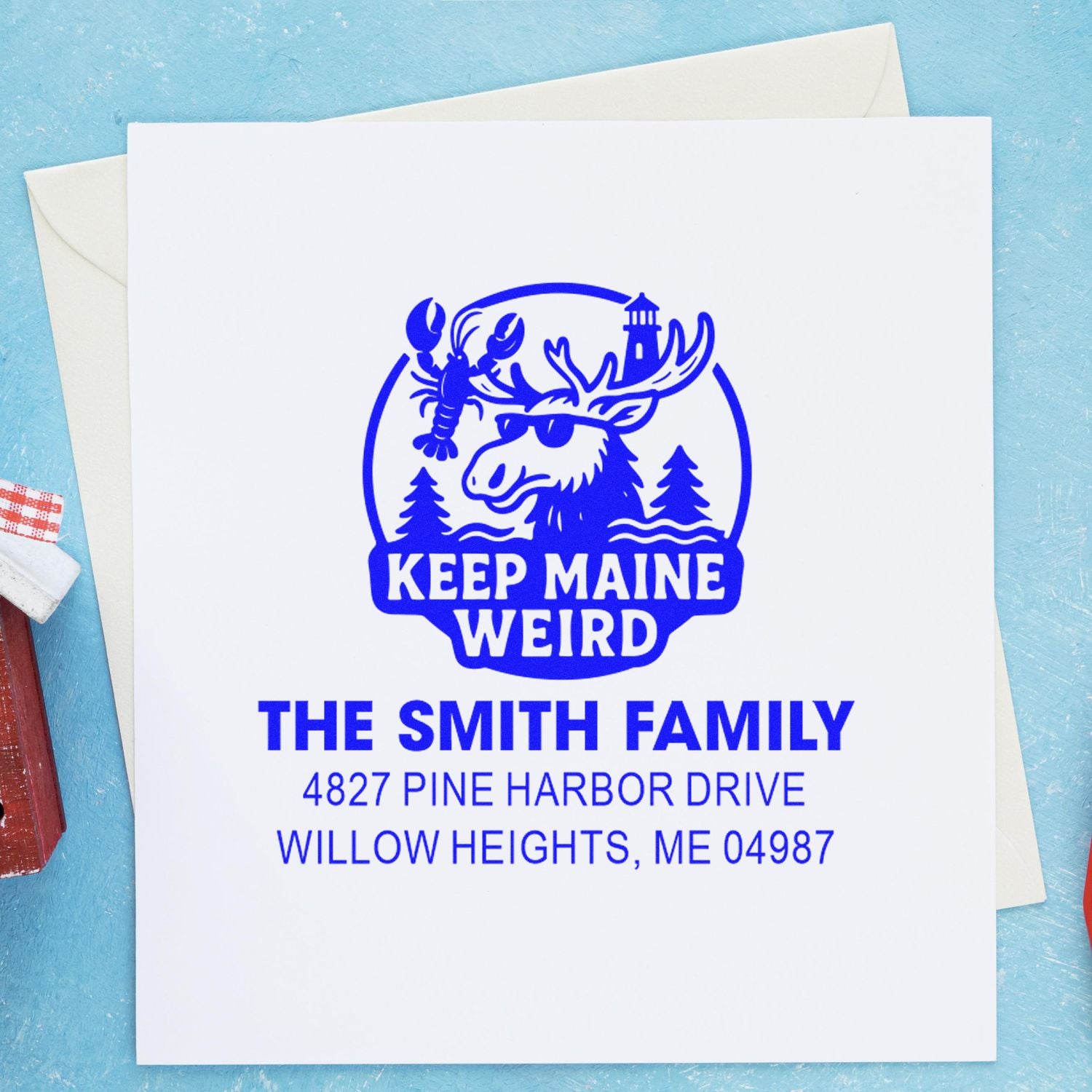 Keep Maine Weird custom return address rubber stamp with moose design and family name for personalized envelopes