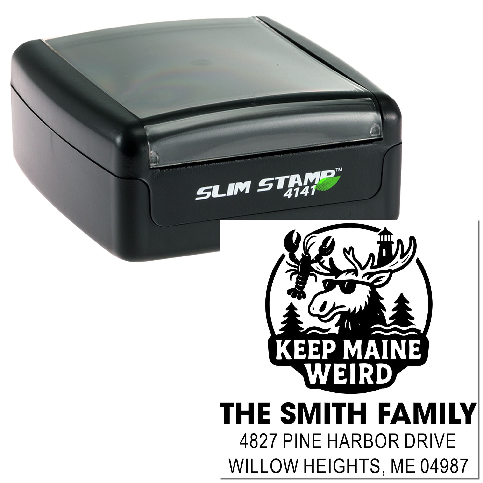 Custom Slim Stamp 4141 return address rubber stamp with Keep Maine Weird moose design and Smith Family mailing details.
