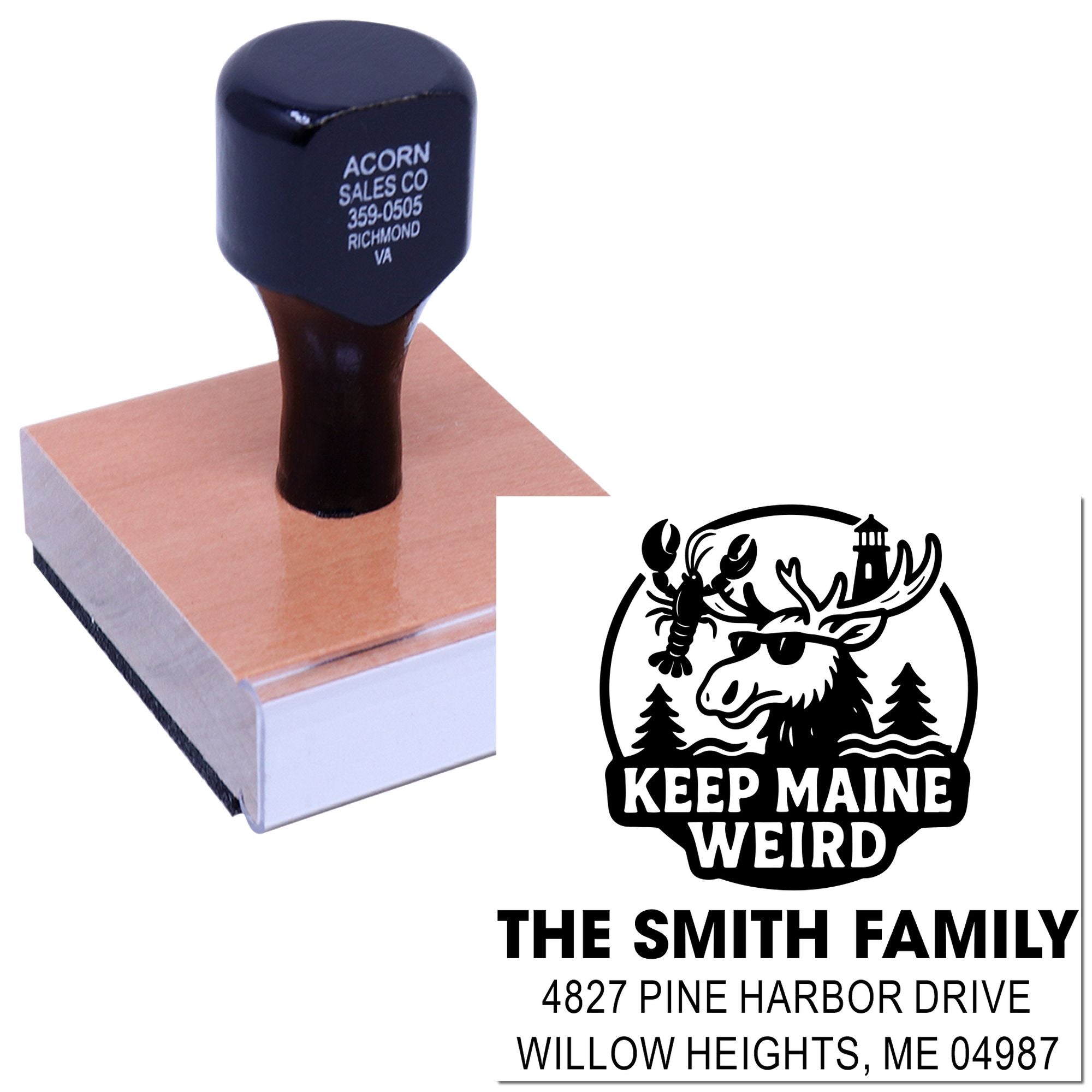 Personalized rubber address stamp with Keep Maine Weird moose design and family return address for custom mailings.