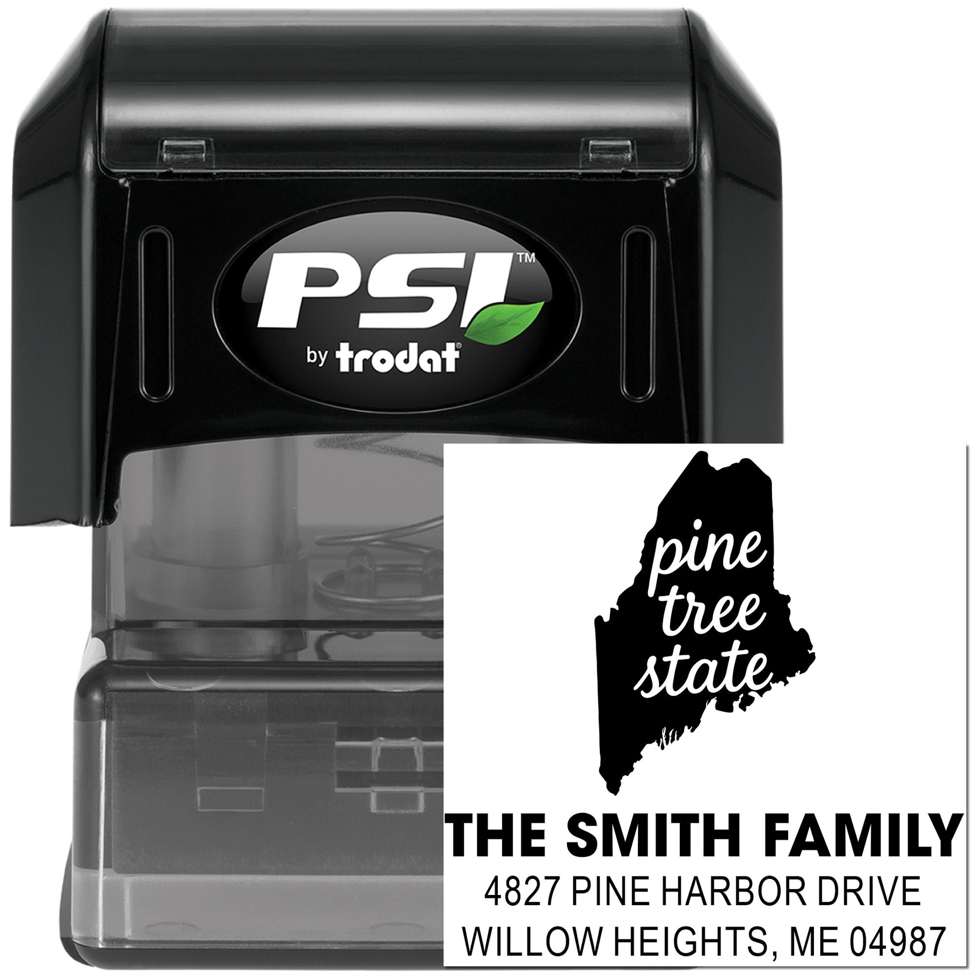 Custom self-inking address rubber stamp for The Smith Family with Maine pine tree state design, PSI by Trodat.