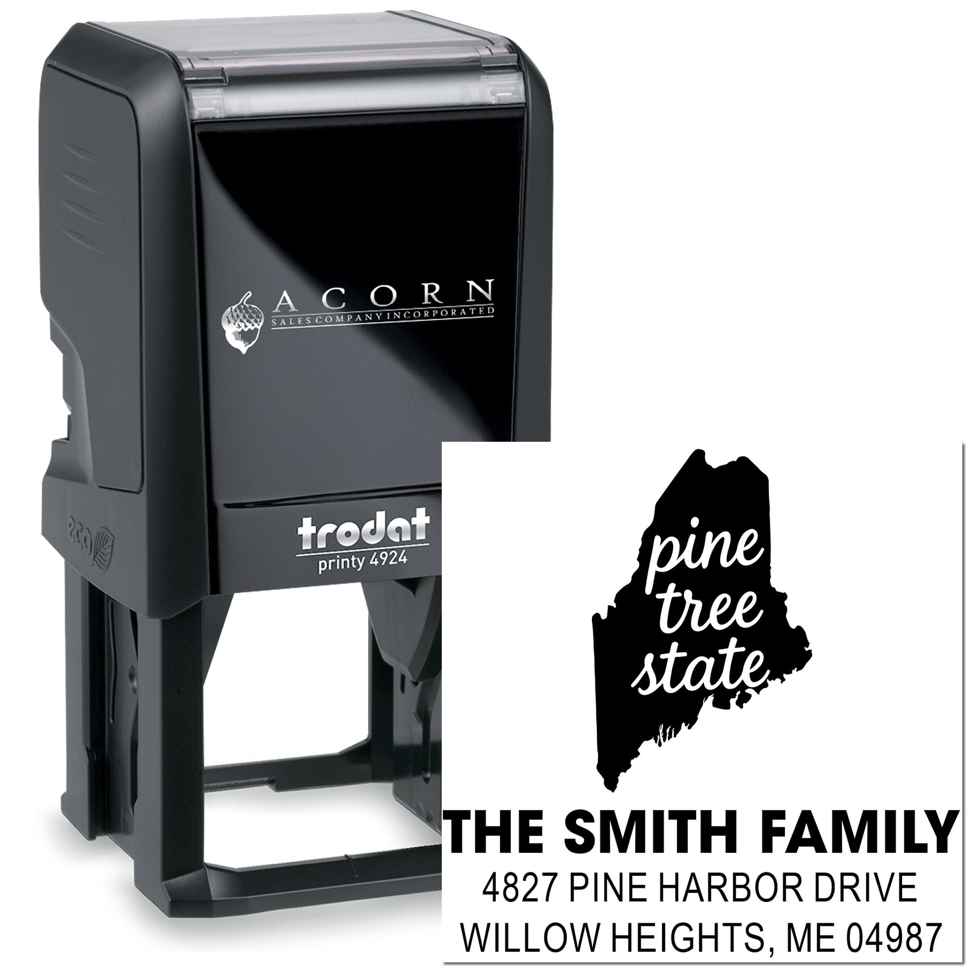 Custom self-inking Trodat rubber address stamp with Maine pine tree family design for The Smith Family