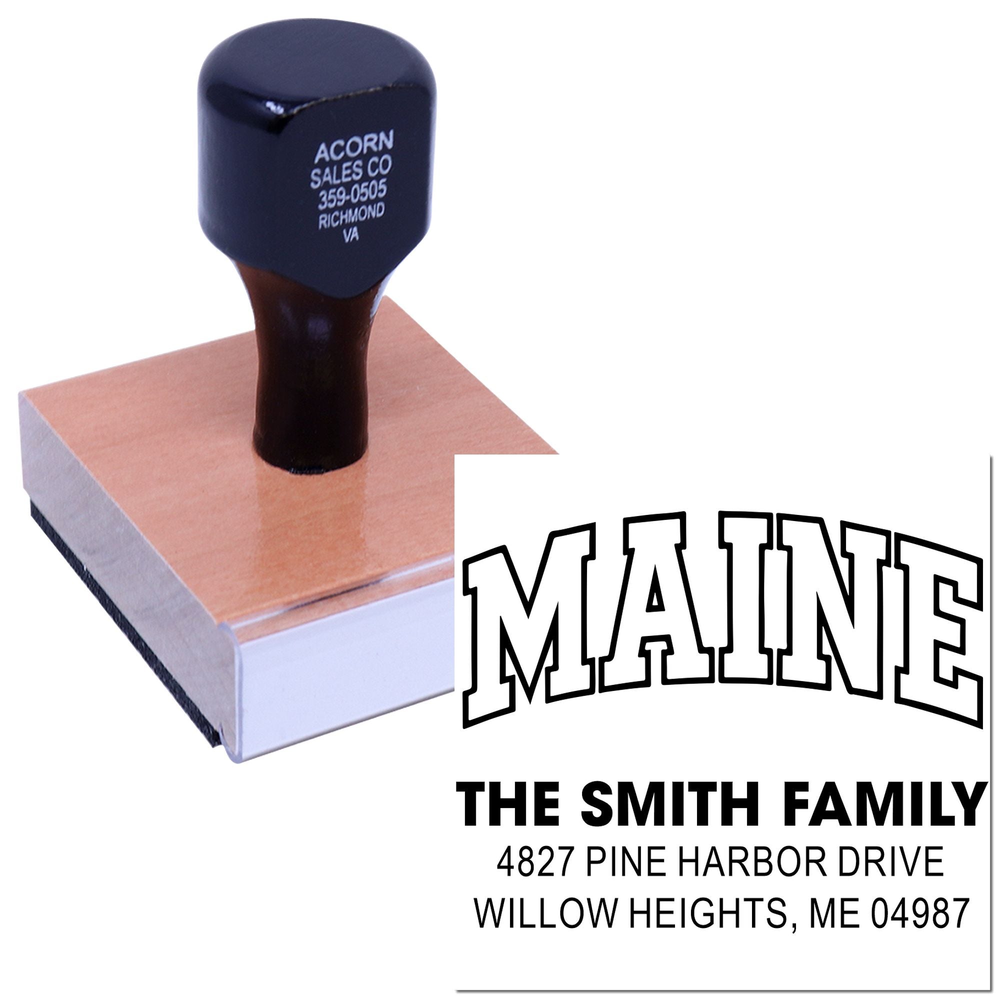 Custom Maine return address rubber stamp for The Smith Family, ideal for envelopes, cards, and mailing labels.