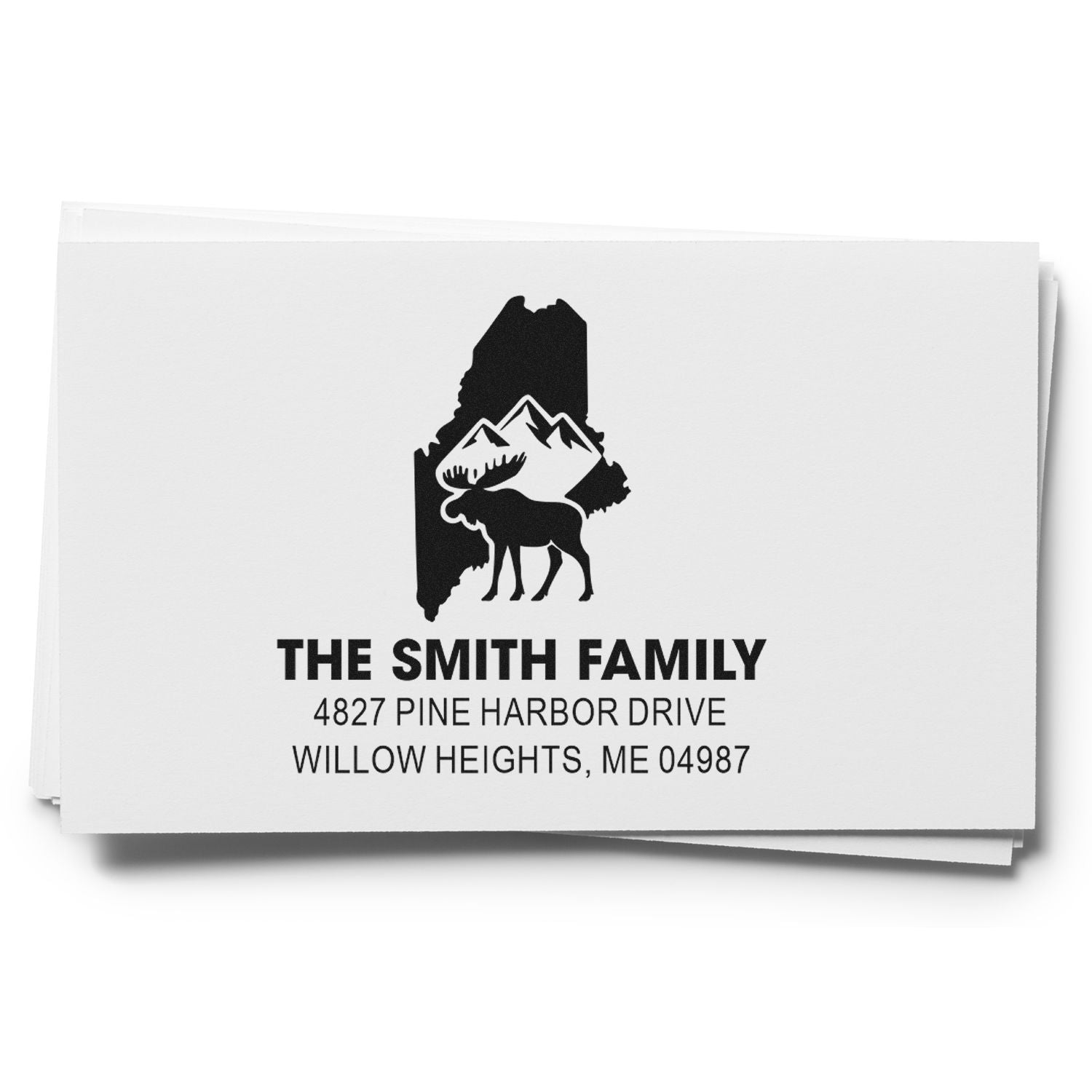 Custom return address rubber stamp with Maine moose and mountain design for The Smith Family, Willow Heights, ME.