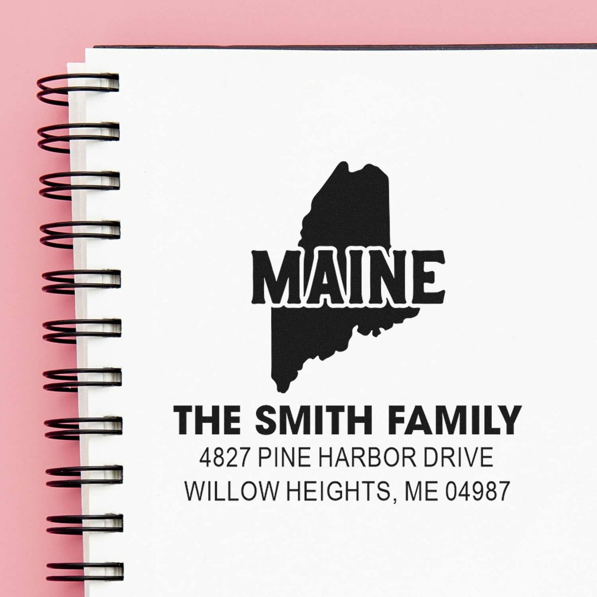 Custom Maine return address rubber stamp for The Smith Family with state silhouette and personalized address.