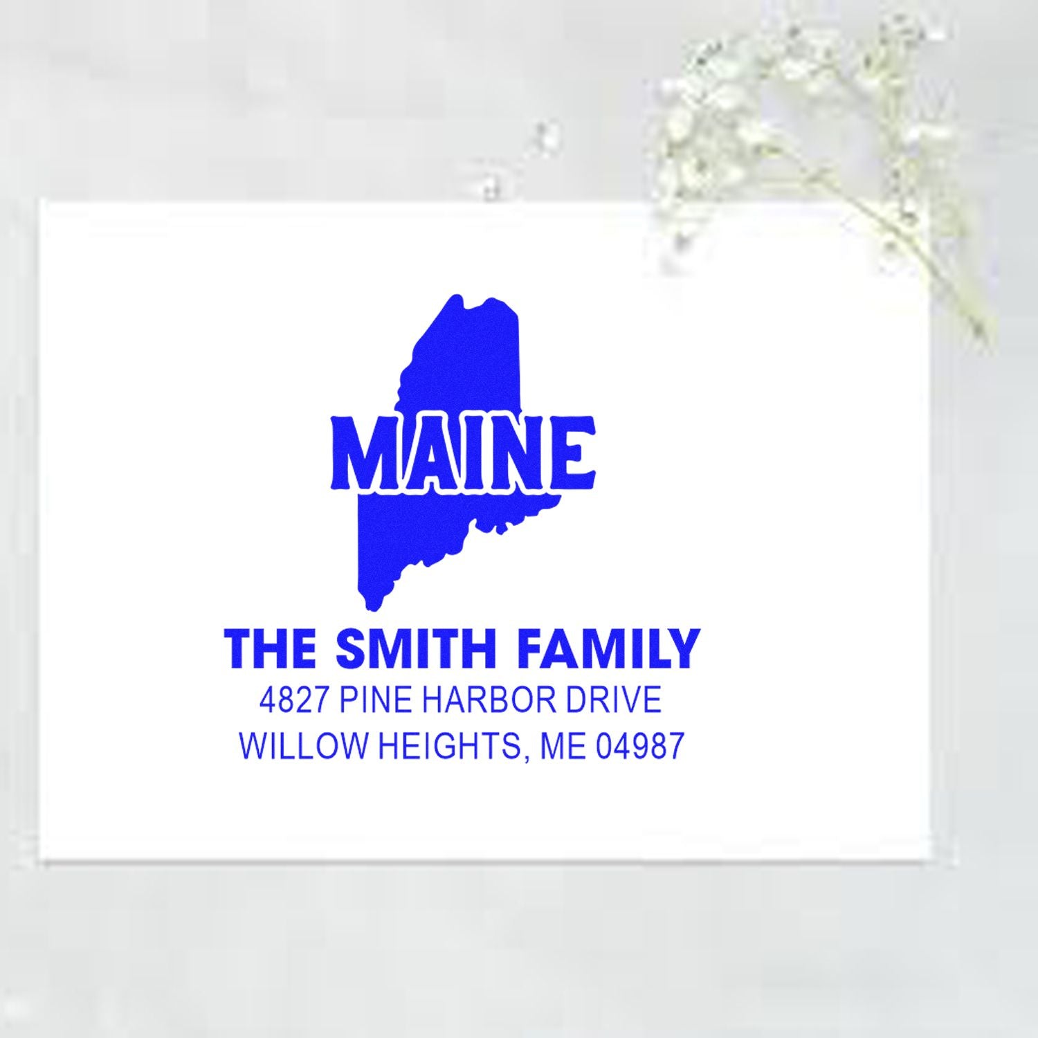 Custom Maine return address rubber stamp for The Smith Family, 4827 Pine Harbor Drive, Willow Heights, ME 04987