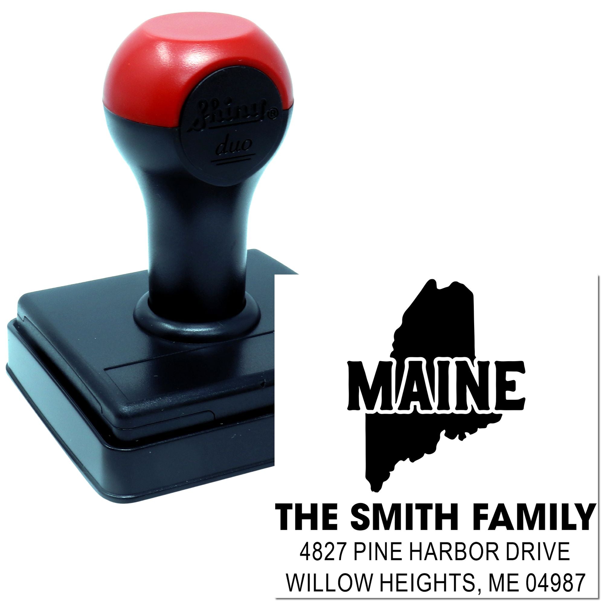 Custom Maine self-inking address rubber stamp for The Smith Family, Willow Heights, ME, with state outline design.