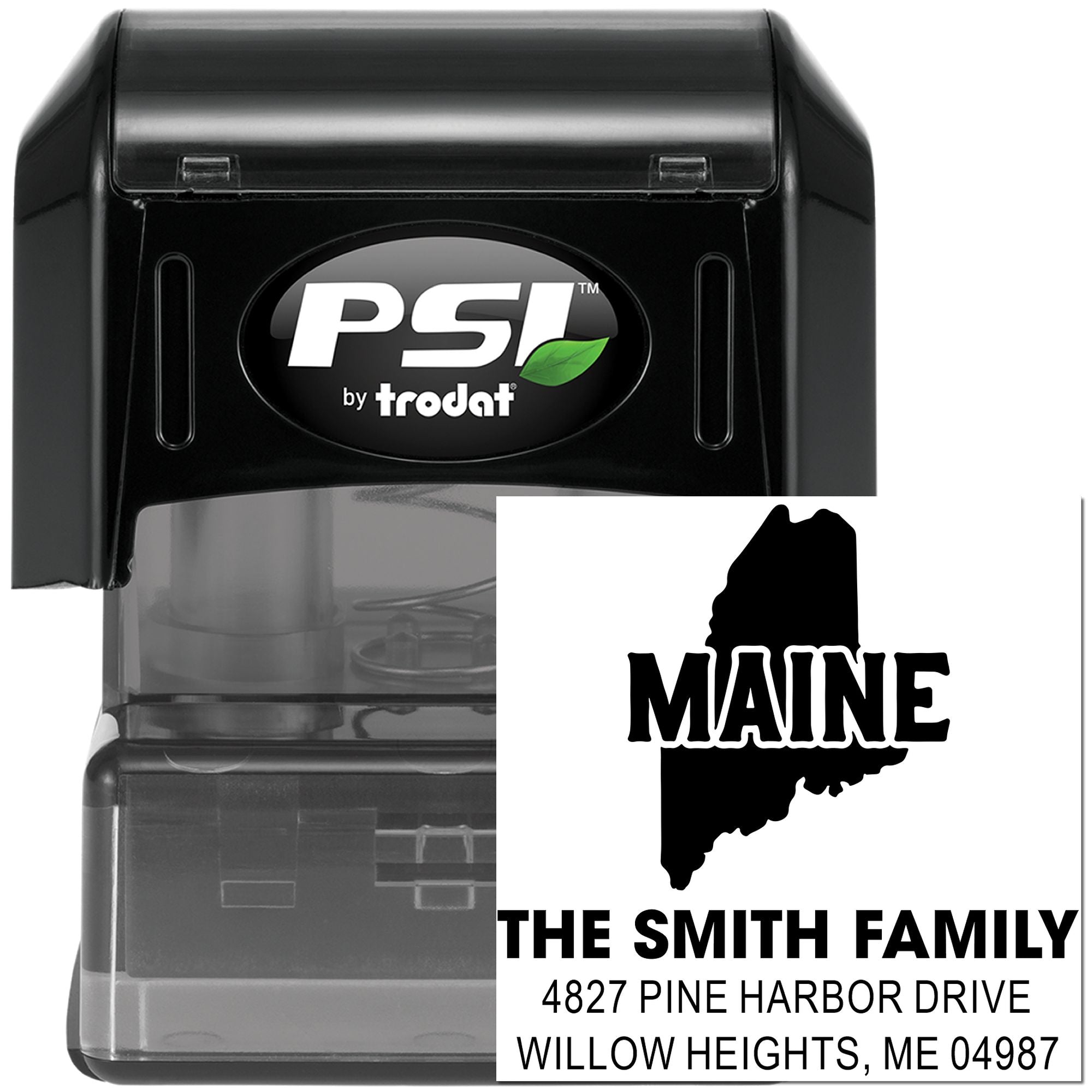 PSI by Trodat custom self-inking address stamp with Maine silhouette, Smith Family name, and return address for mailing labels.