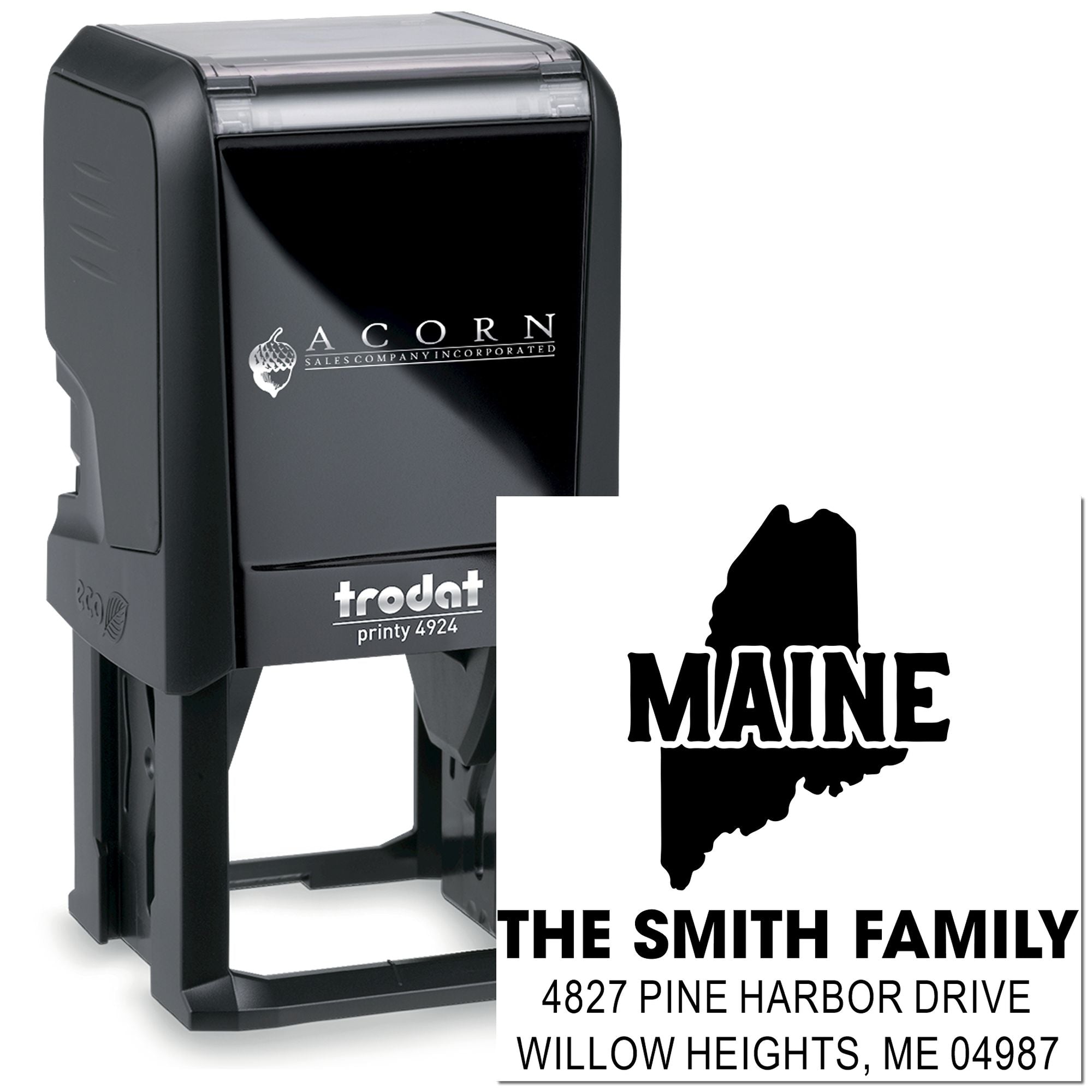 Custom Maine return address rubber stamp, self-inking Trodat Printy 4924 for The Smith Family address imprint.