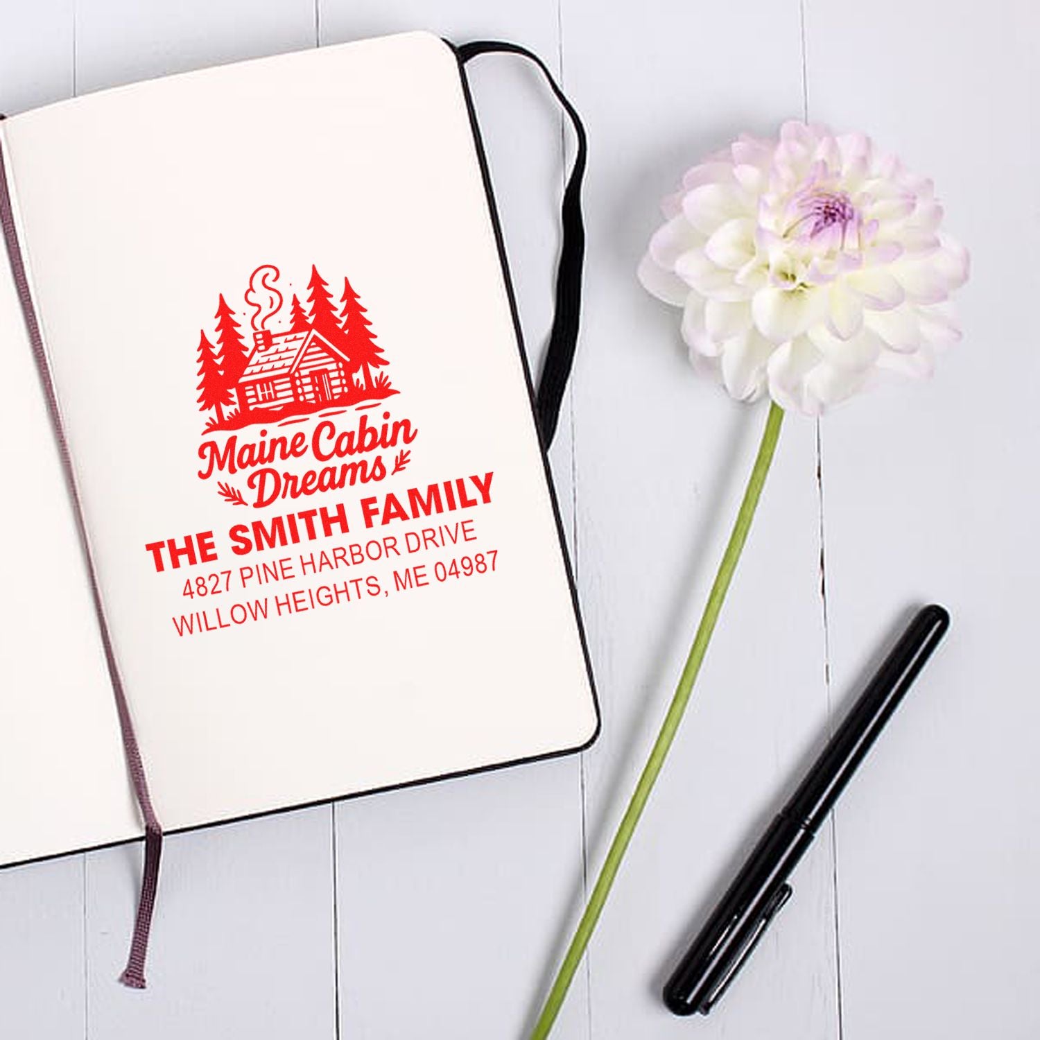Personalized Maine cabin address rubber stamp for custom stationery, featuring The Smith Family home details.