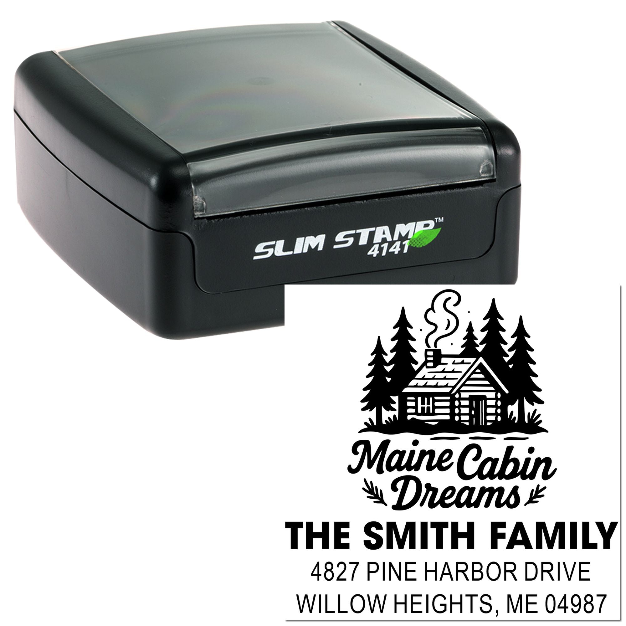 Custom self-inking rubber stamp for cabin return address, featuring pine trees and a Maine cabin design with family name.