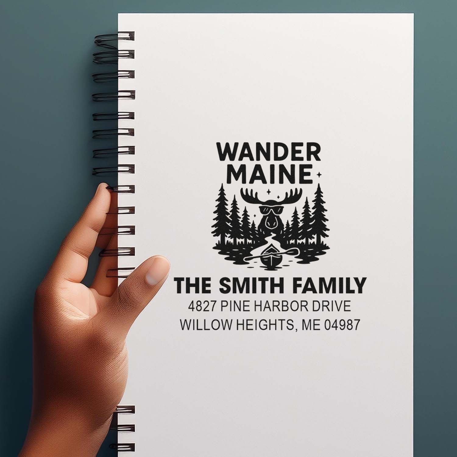 Custom address rubber stamp for The Smith Family with Wander Maine moose-and-pines design for Willow Heights, ME.