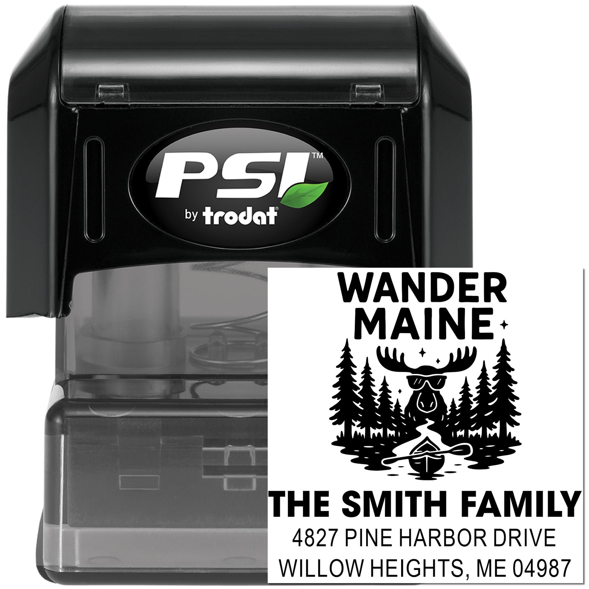 Custom self-inking rubber stamp with Wander Maine moose design and Smith family return address for camping-themed mail.
