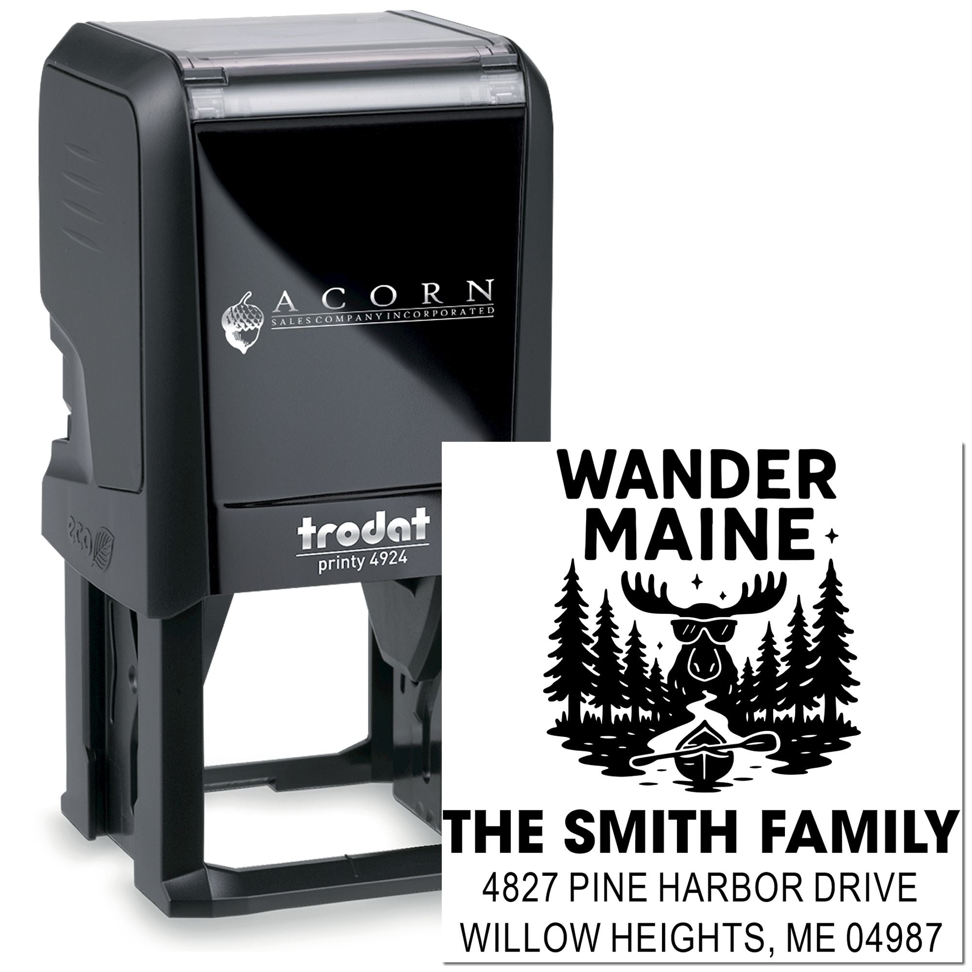 Custom self-inking rubber address stamp with Wander Maine family design, ideal for personalized mailings and branding.
