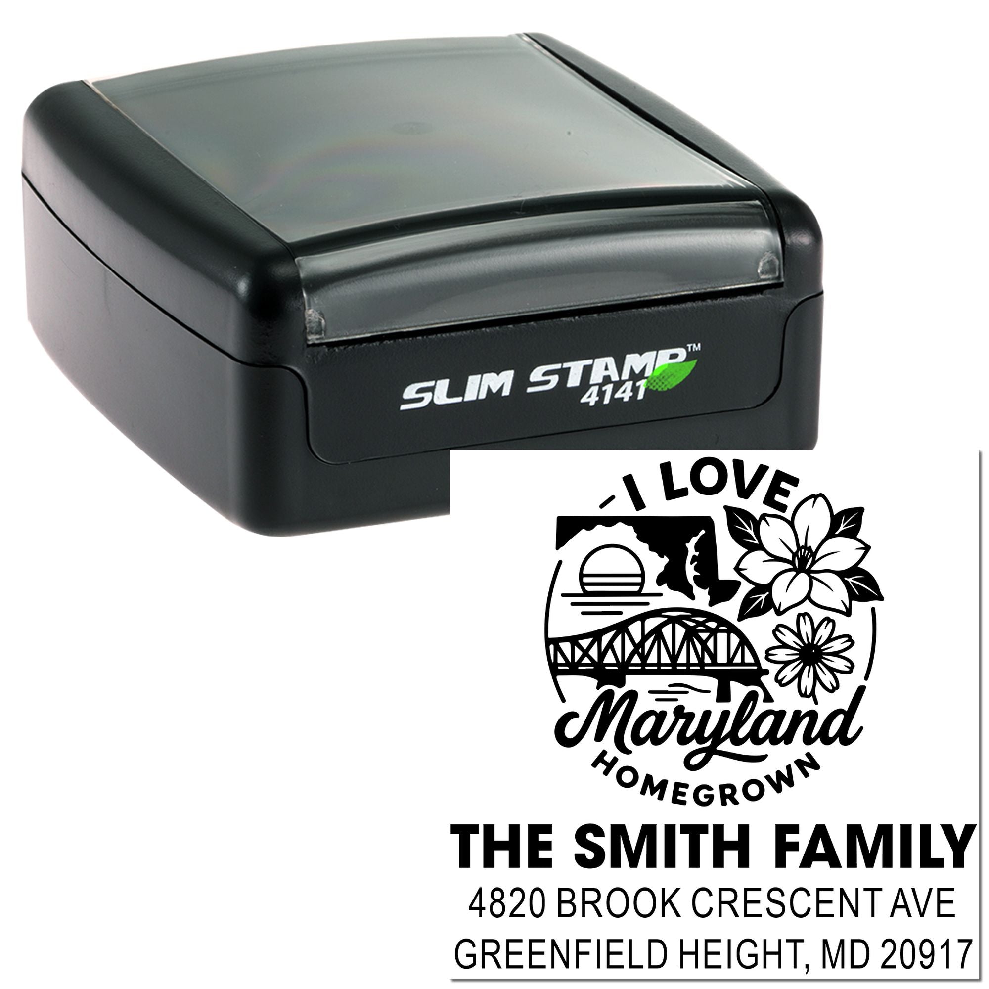 Custom Maryland self-inking rubber address stamp for The Smith Family, featuring hometown design and return mail imprint.