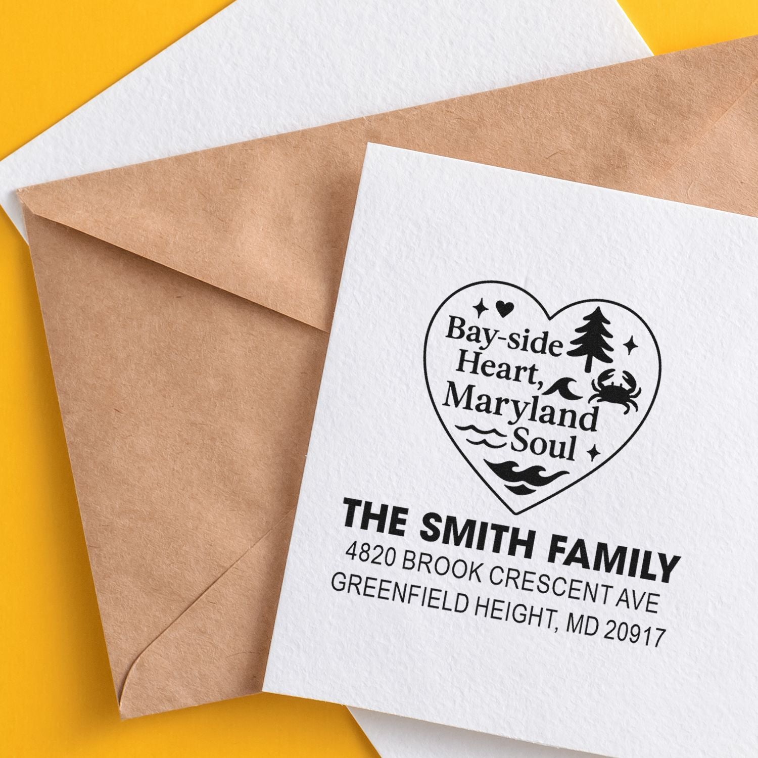 Custom rubber address stamp for The Smith Family with Bay-side Heart, Maryland Soul design on a mailed envelope.