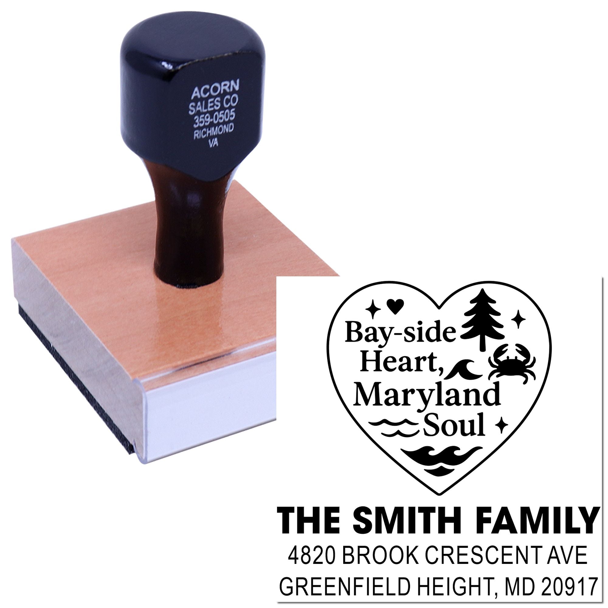 Custom rubber address stamp with family logo and return address for The Smith Family in Greenfield Heights, MD.