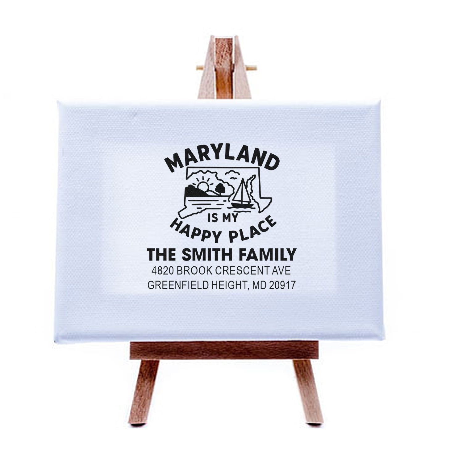 Custom Maryland return address rubber stamp with Maryland Is My Happy Place and personalized family name and address.