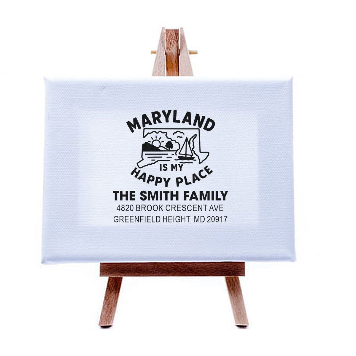 Custom Maryland rubber stamp with family name and address, featuring Maryland Is My Happy Place design.