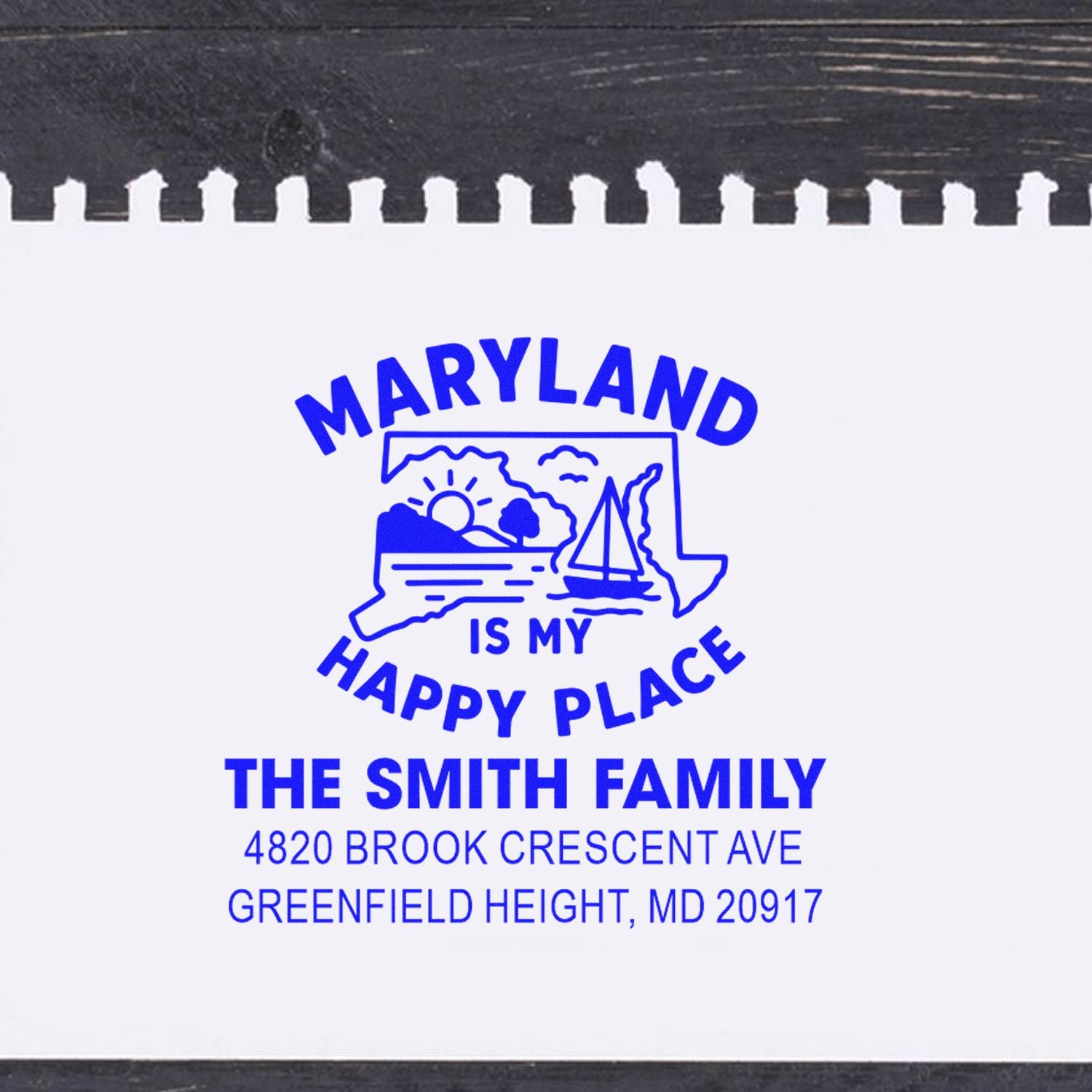 Custom Maryland return address rubber stamp for The Smith Family, featuring Maryland is my happy place design