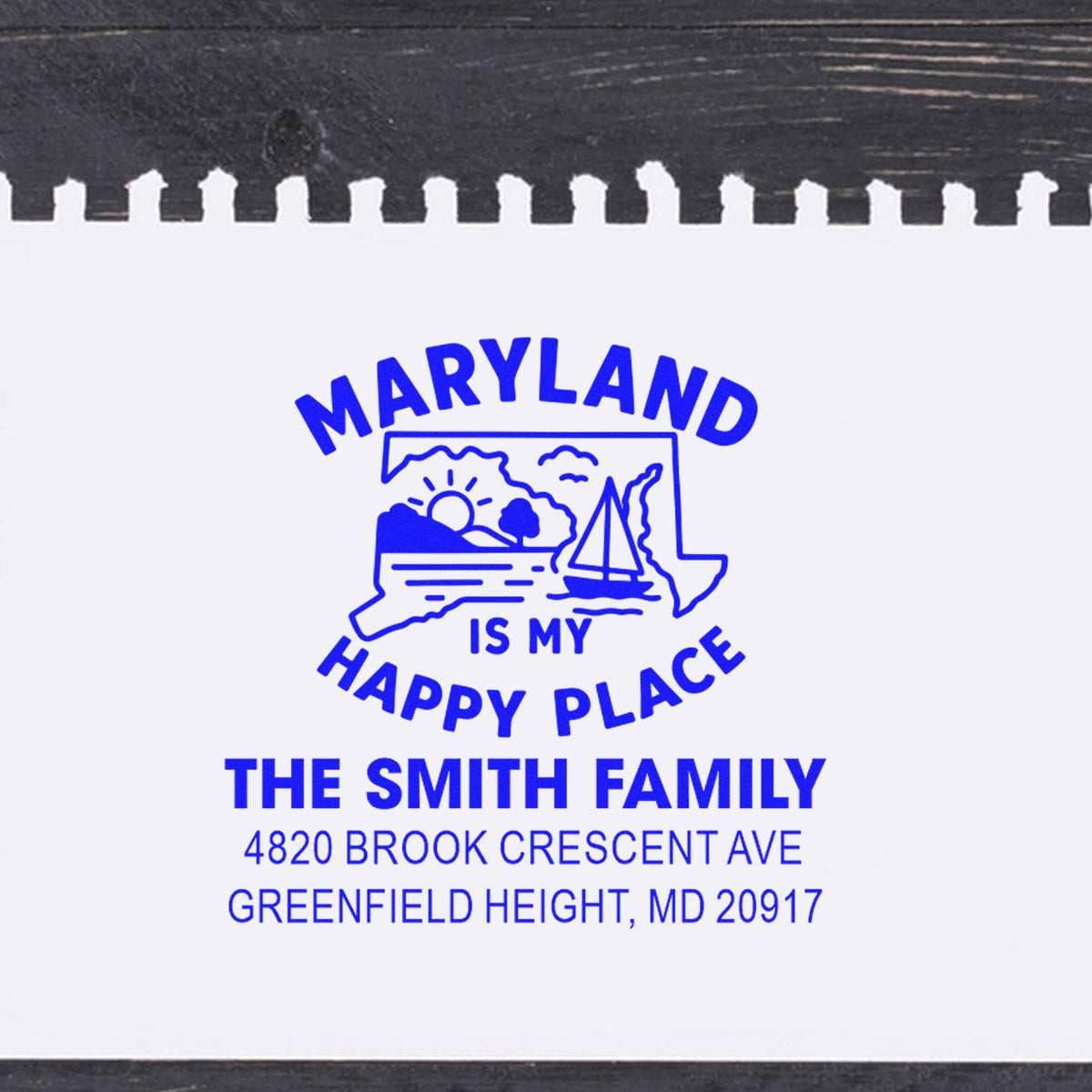 Custom Maryland return address rubber stamp for The Smith Family, featuring Maryland Is My Happy Place state design.