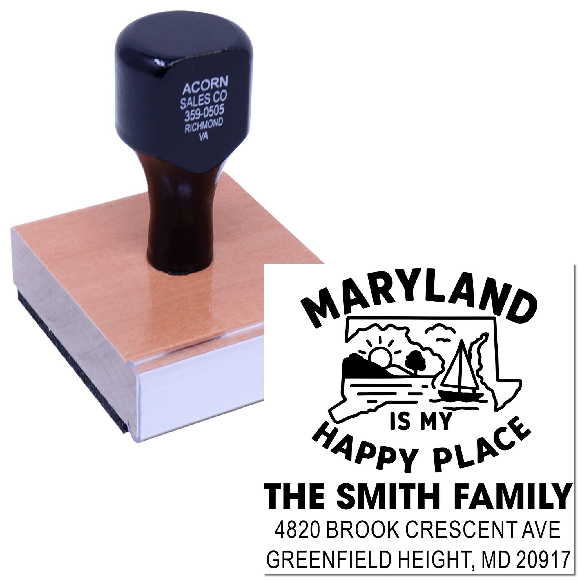 Personalized Maryland family return address rubber stamp with Maryland Is My Happy Place design for custom mail.
