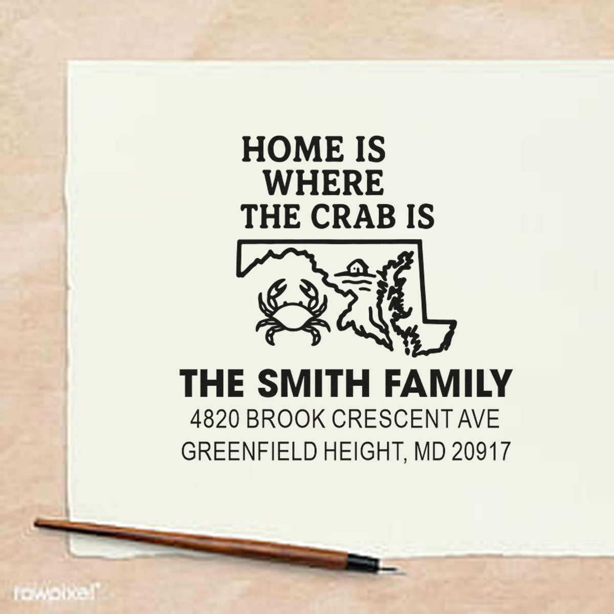 Custom address rubber stamp with Maryland crab design and Home is where the crab is for The Smith Family.