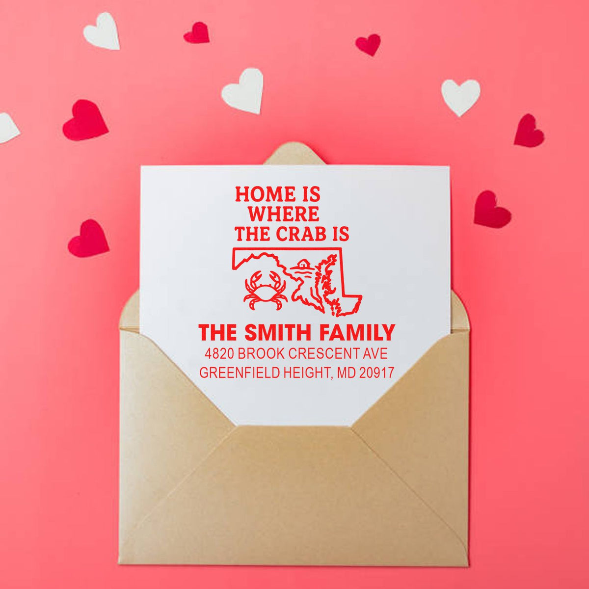 Custom crab return address rubber stamp with Home is where the crab is for The Smith Family, Maryland address.